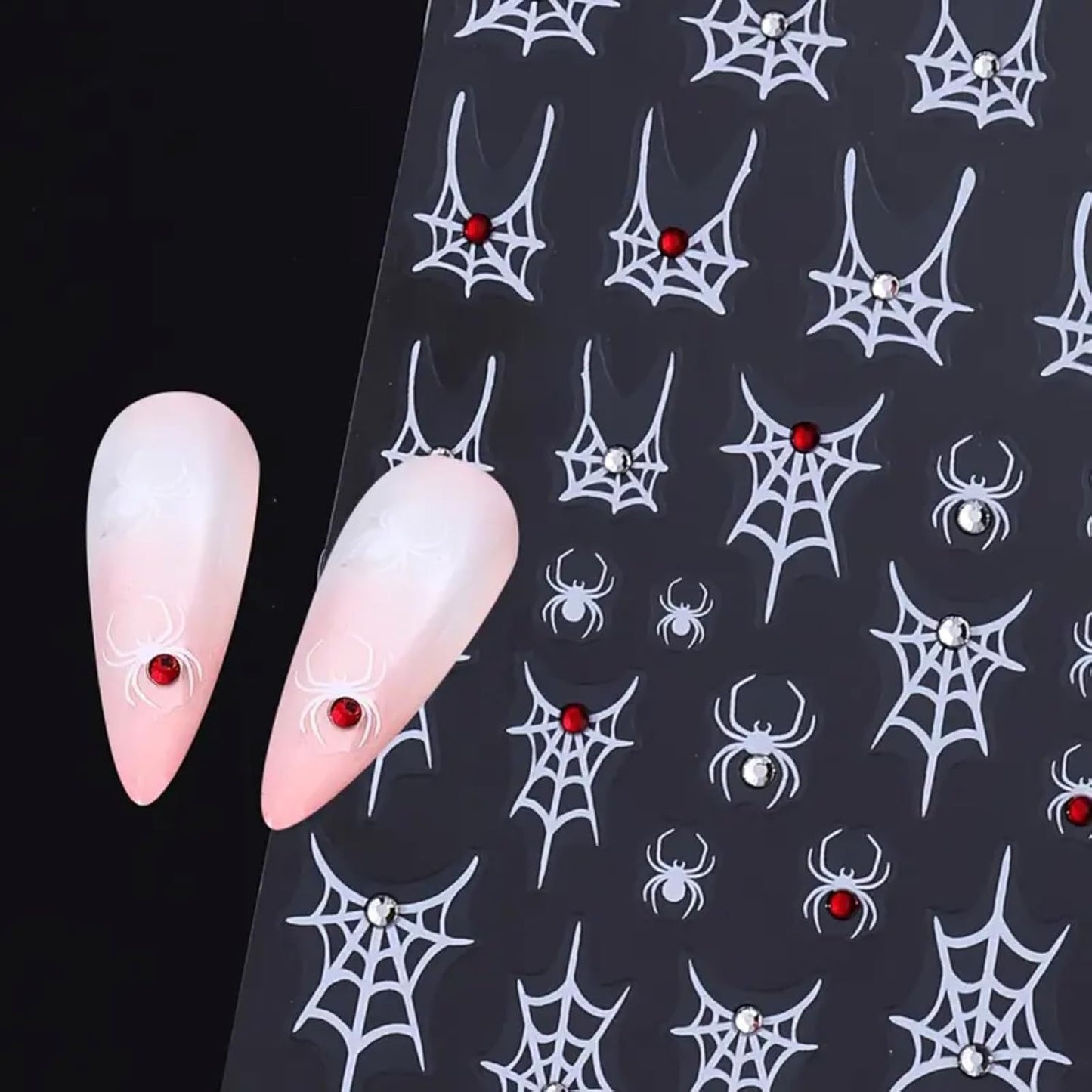 Halloween Nail Art Stickers Decals 4PCS White Spider Web Spider Nail Decals with Rhinestone Crystal Spider Web Spider Nail Stickers Bow Heart Halloween Nail Art Supplies for Women Manicure Decorations