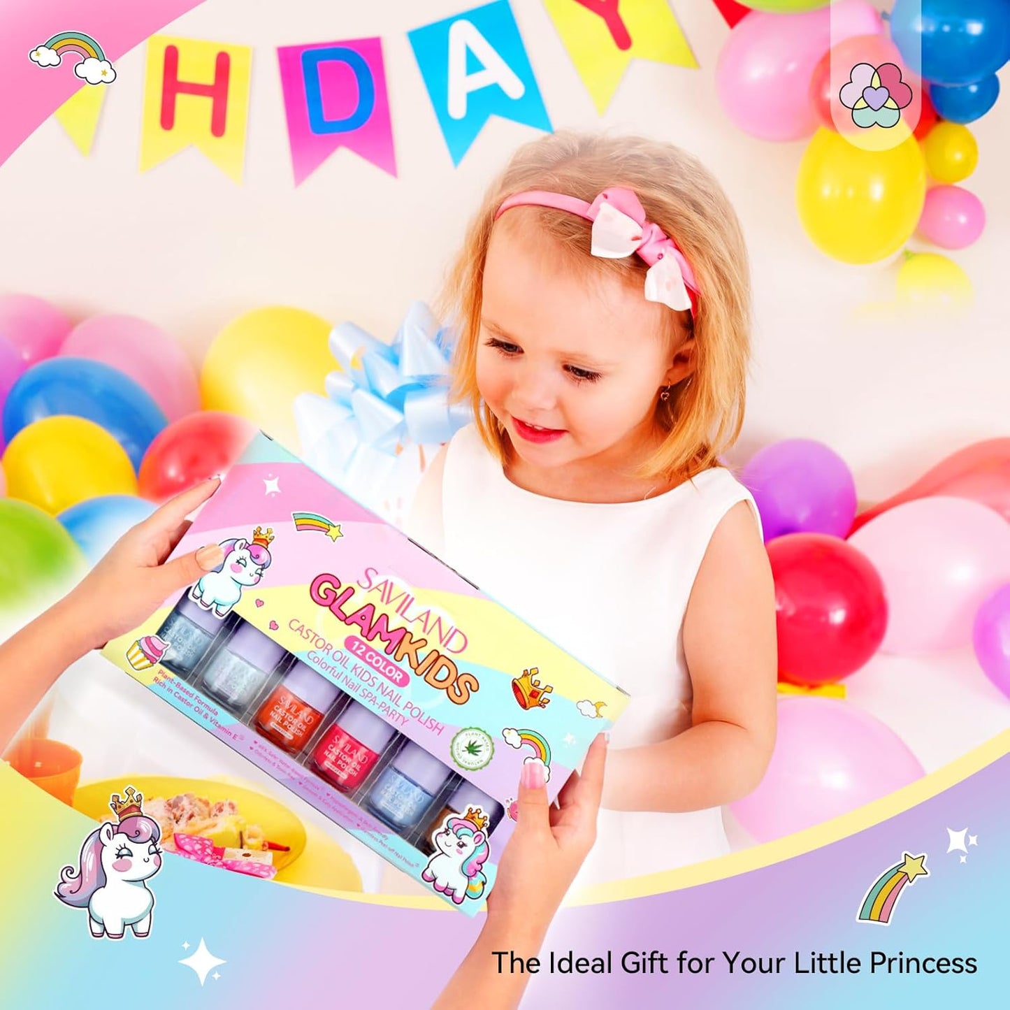 SAVILAND Glamkids Kids Nail Polish Quick-Dry:Non-Toxic Nail Polish Set 12 Colors Water Based Peel-Off Toddler Fingernail Polish Natural Safe Castor Oil Nail Lacquer Kit with Sticker for Girl Ages 5-12