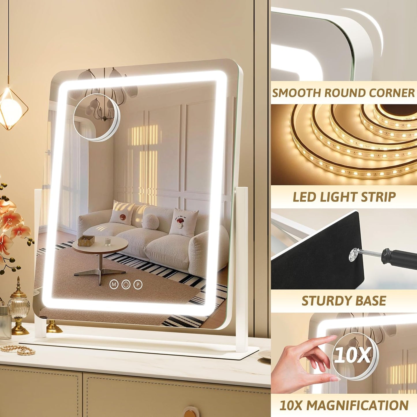 22x18 Inch Vanity Mirror with Lights, 3 Color Dimmable LED Lighting, Smart Touch Control & 360° Rotation, Large Makeup Mirror for Bedroom, Dressing Room (White)
