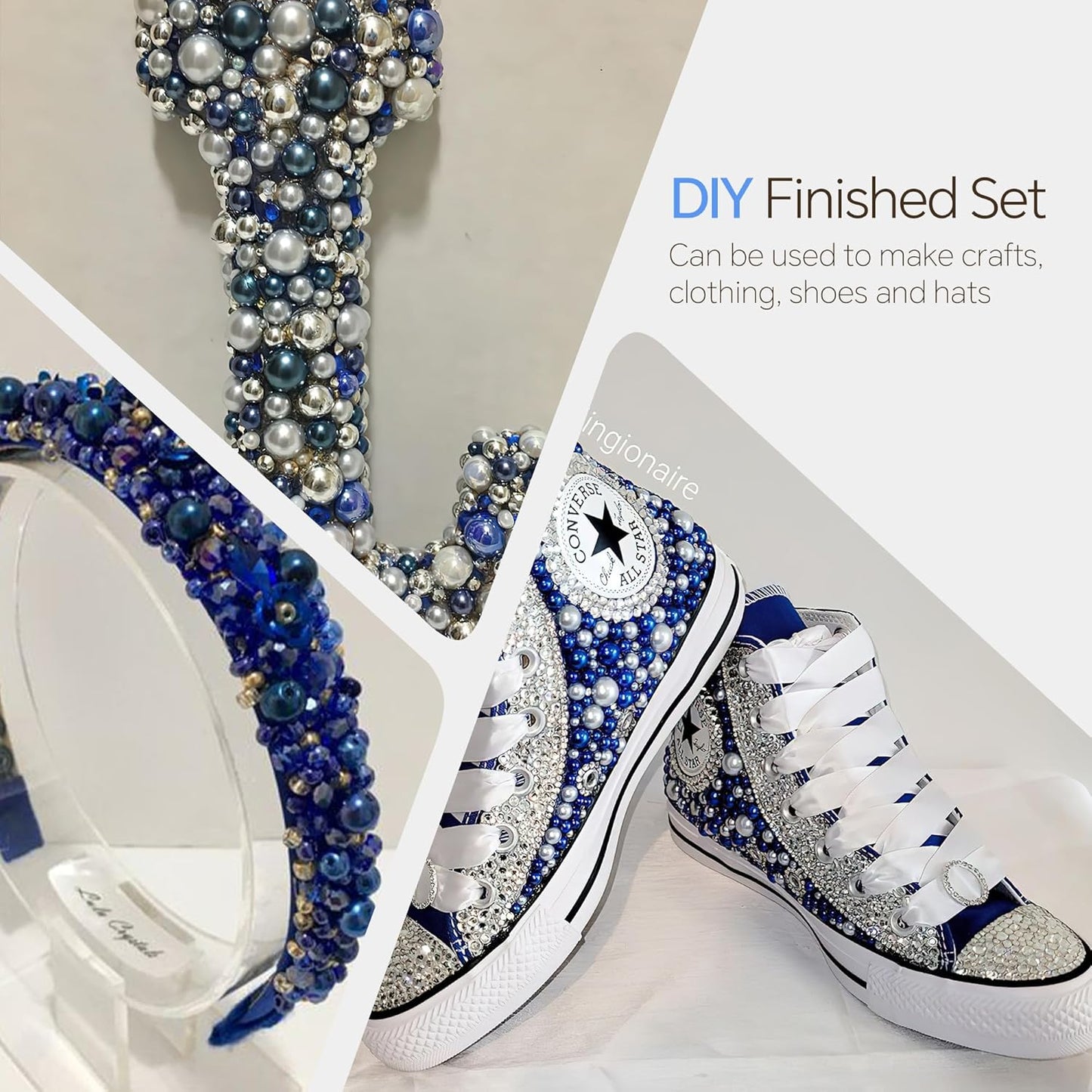 60g Blue White Pearls Rhinestones for Crafts Mixed Size 3mm-10mm AB Color Round Half Pearls Flatback Pearl Beads and Resin Rhinestones Set for Face Art with Gel