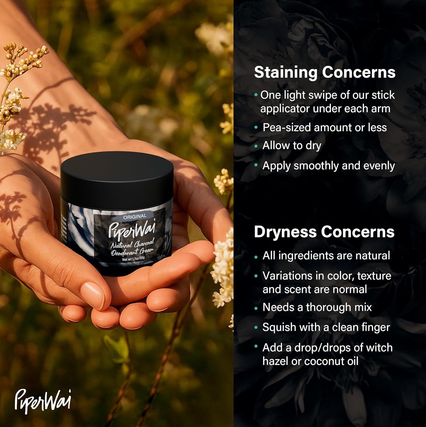 PiperWai Natural Deodorant Cream w/Activated Charcoal | 24-Hour Sweat Protection, Vegan, Aluminum Free Deodorant for Women & Men | Travel Essential Shark Tank Product | 2 oz Scented Single Jar