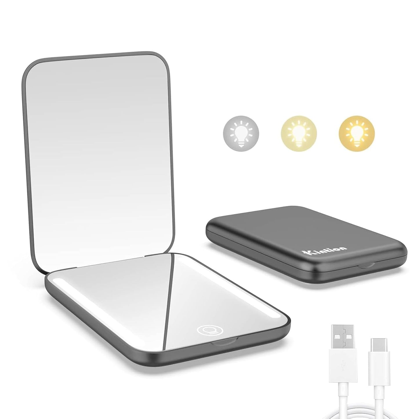 Kintion Rechargeable Pocket Mirror, Double Sided 1X/3X Magnification Compact Vanity Mirror, 3 Color Lights, Dimmable, Small Portable Wallet Mirror, Lighted Travel Mirror for Women Gifts, Black