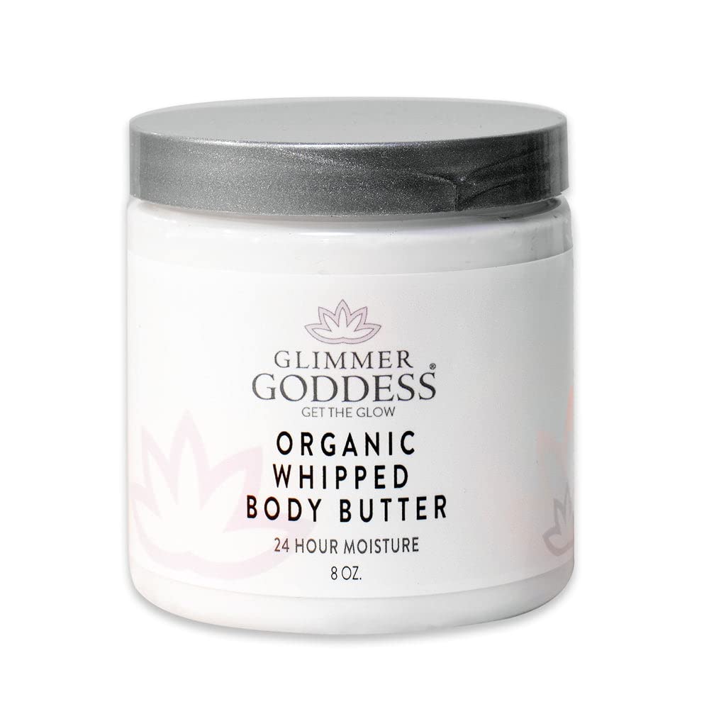 Glimmer Goddess Organic Whipped Body Butter for Women - Moisturizer Cream with Shea & Cocoa Butter, Almonds & Coconut Oil - Rose Geranium Lavender, 8oz