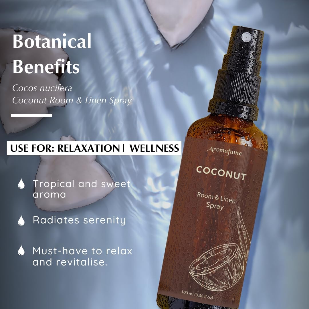 Coconut Room, Linen & Pillow Spray by Aromafume | 100ml/3.38 fl oz | with Pure Coconut Essential Oil | Aromatherapy Spray for Relaxation, Sleep & Stress Relief | Mist for Bedding, Fabrics