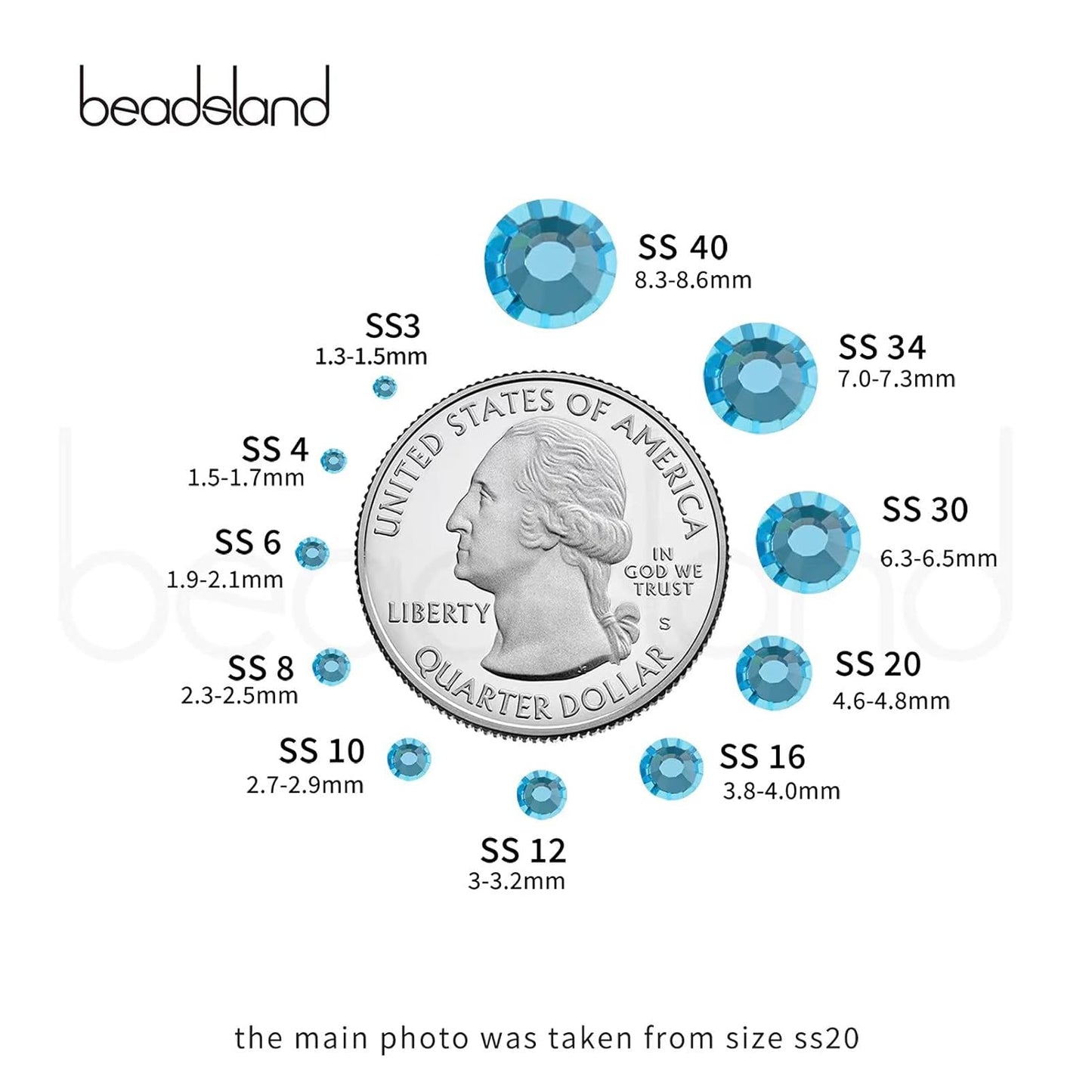 Beadsland 288pcs Flat Back Crystal Rhinestones Round Gems for Nail Art and Craft Glue Fix,Aquamarine,SS34,7.1-7.3mm