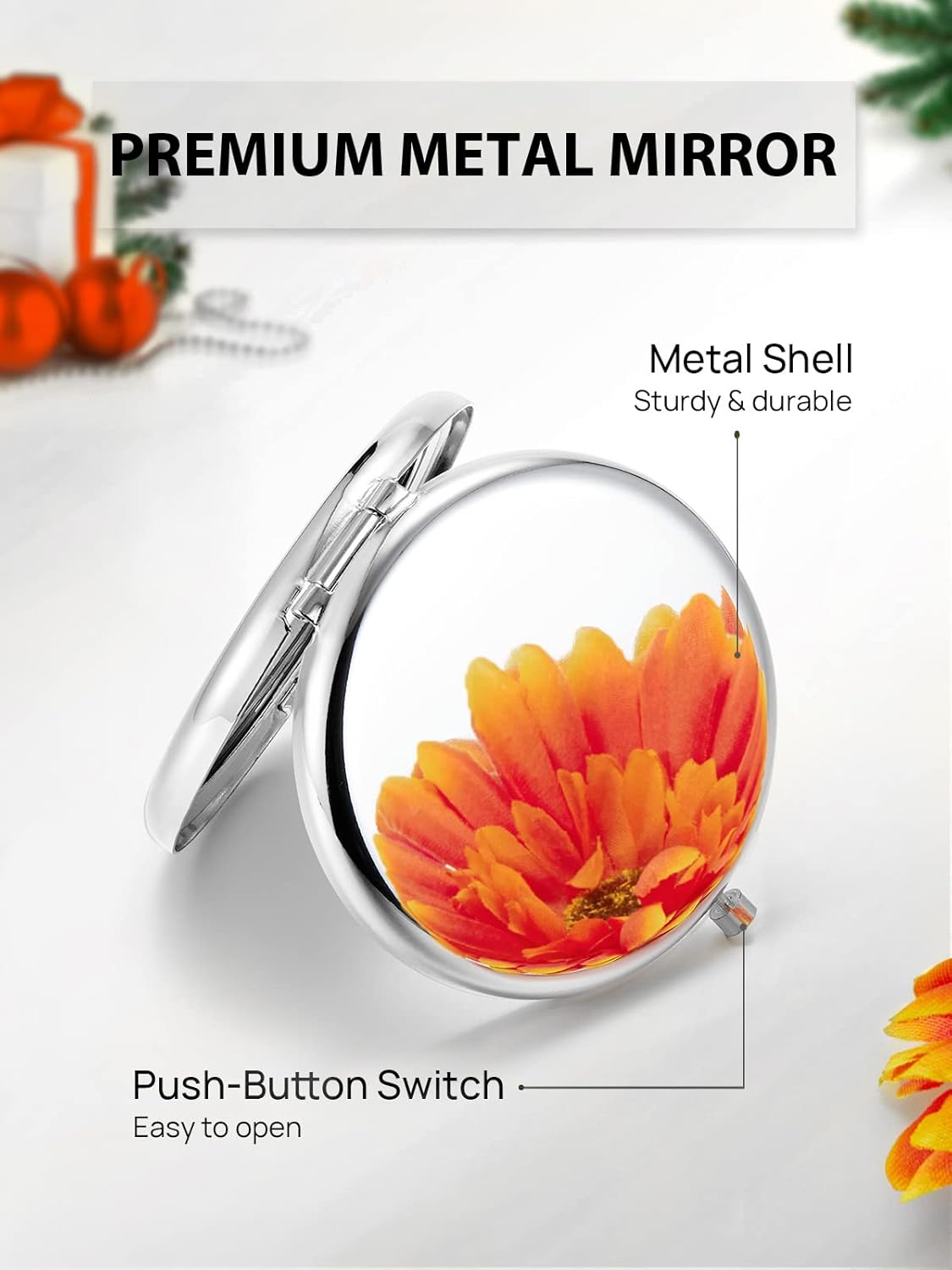 Compact Mirror for Purse, Double-Sided 1X/2X Magnifying Metal Pocket Makeup Mirrors(Round, Silver)