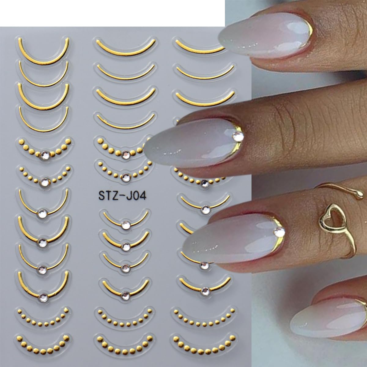 4 Sheets French Tip Nail Art Stickers 5D Simple Gold Silver Line Nail Stickers with Shiny Diamond Design Self-Adhesive Nail Decals French Sticker for Women Manicure Decorations