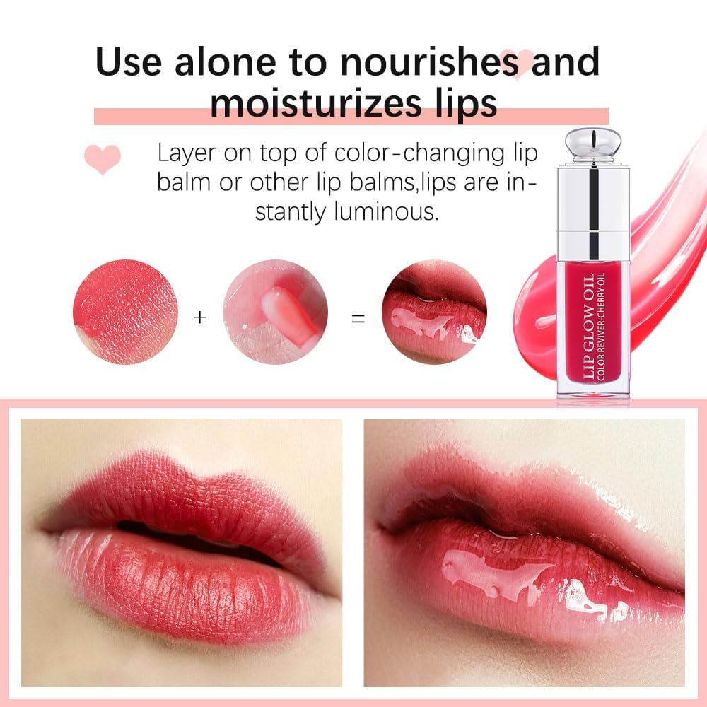 Hydrating Lip Glow - Tinted Lip Oil for Dry Lips - Non-sticky Big Brush Head - Lip Plumping - 013