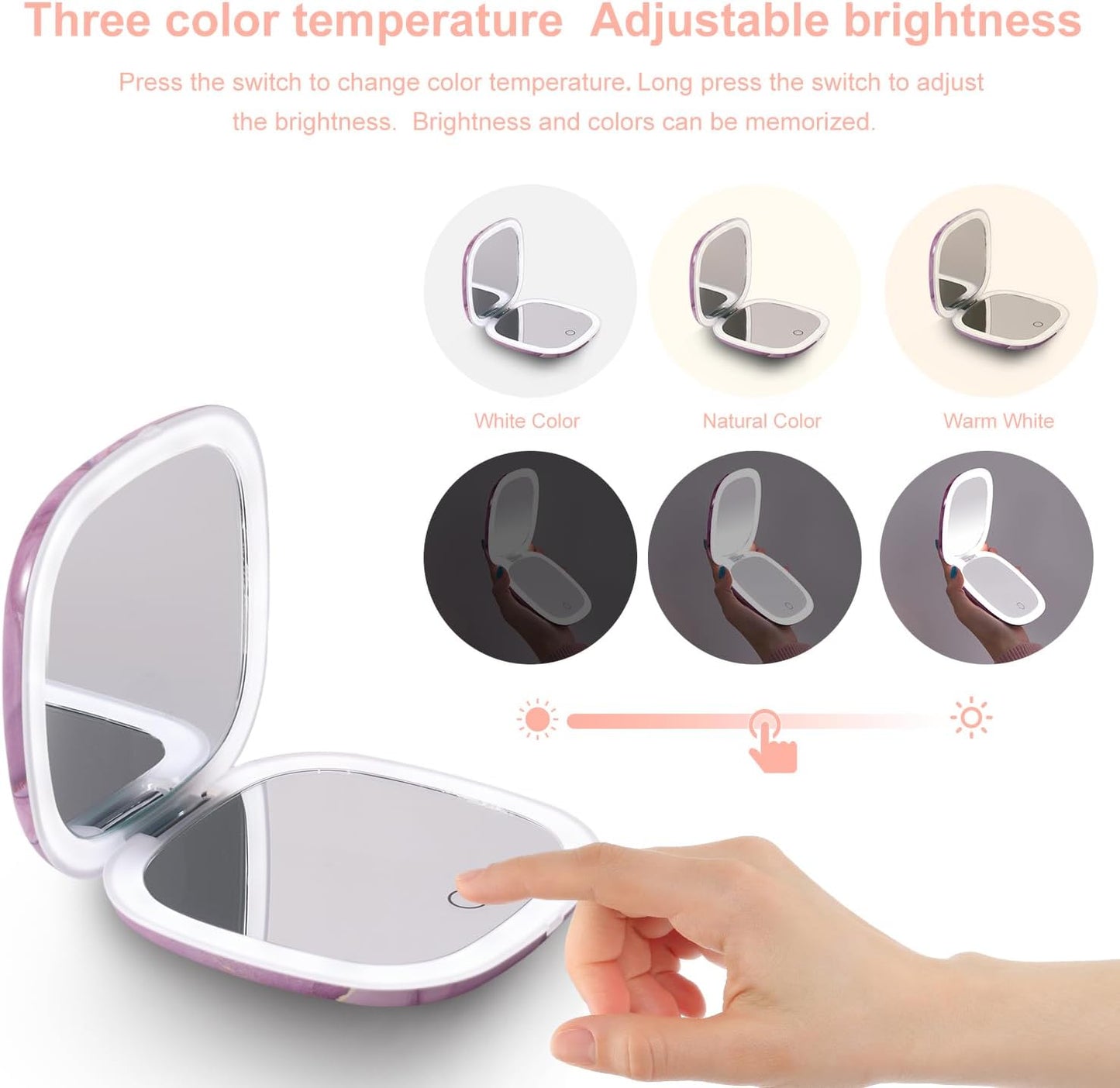 Mocado Compact LED Travel Makeup Mirror - 4 Inches 1X/10X Magnification Travel Mirror with Light Dimmable Double Sides Lighted USB Rechargeable Compact Mirror for Purse,Pocket,Travel(Purple Marble)