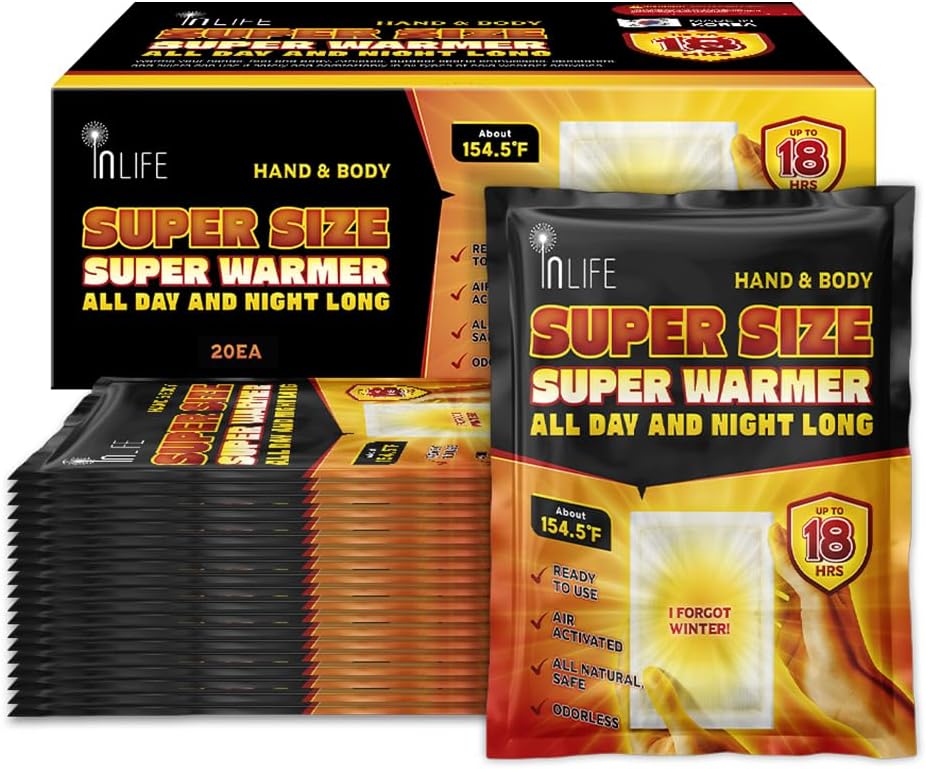 InLife Super Size Super Warmer for Hands and Body, All Natural & Safe, Bigger & Wider Area Covered, Higher Heating 145°F, Air Activated, Easy & Comfort, Steady Longer Lasting, Odorless, 20 Packs