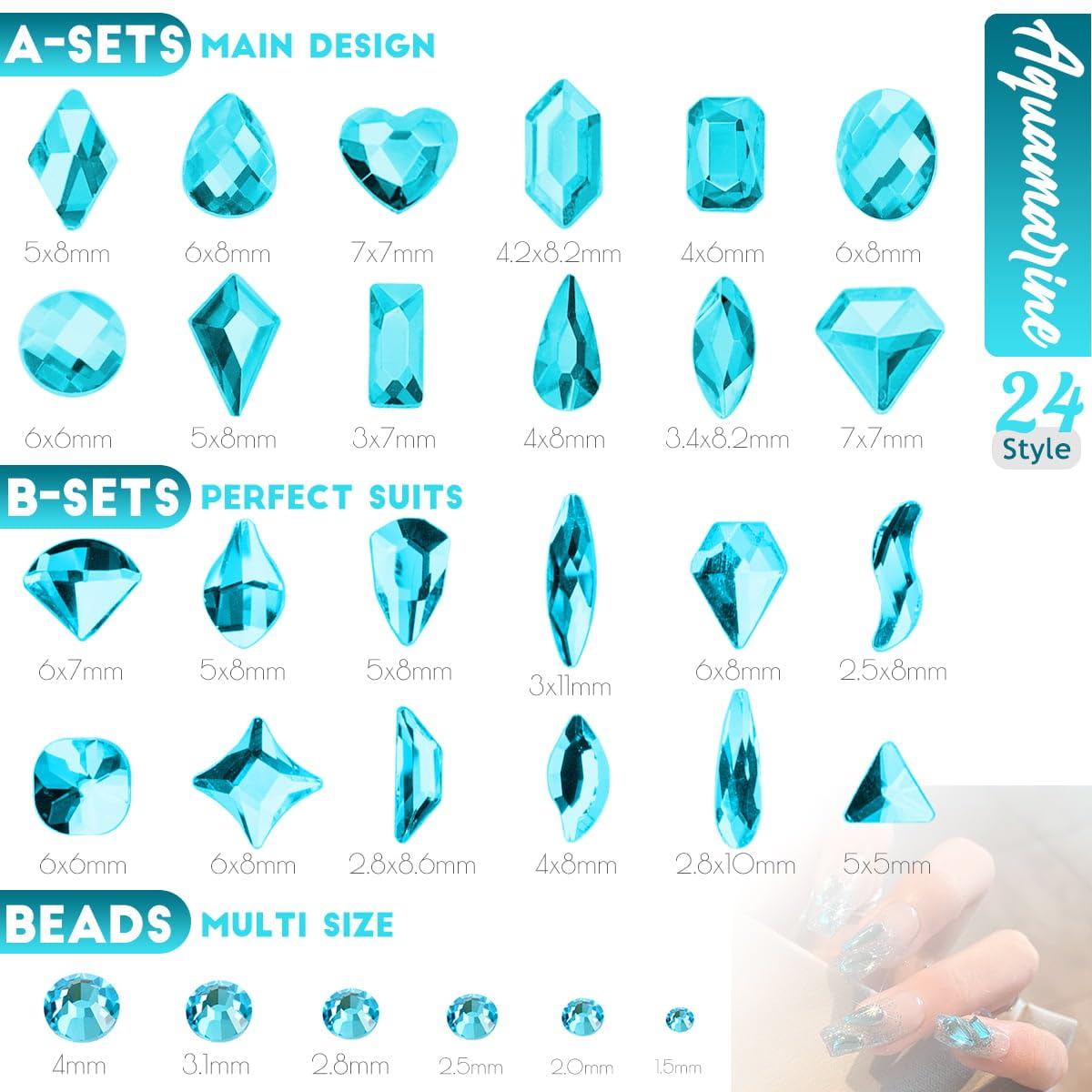 24 Styles Aquamarine Nail Rhinestones Lake Blue Stones Diamonds K9 Glass Flatback Water Blue Crystals Gems Jewels Nail Art Charms Supplies for Nails Face Eyes Makeup DIY Crafts Tumblers Clothes