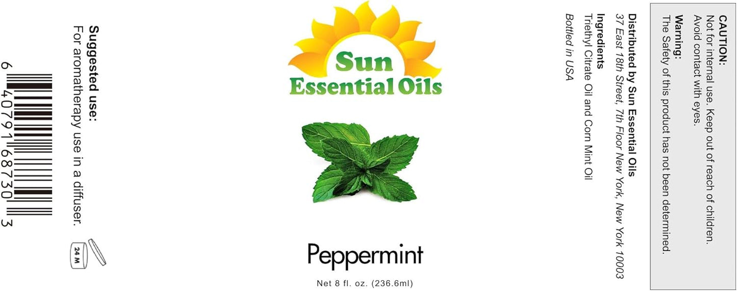 Sun Essential Oils - Peppermint Essential Oil (8 oz) with Dropper for Diffuser, Humidifier, Skin & Aromatherapy Body Massage, Candle & Soap Making for Home