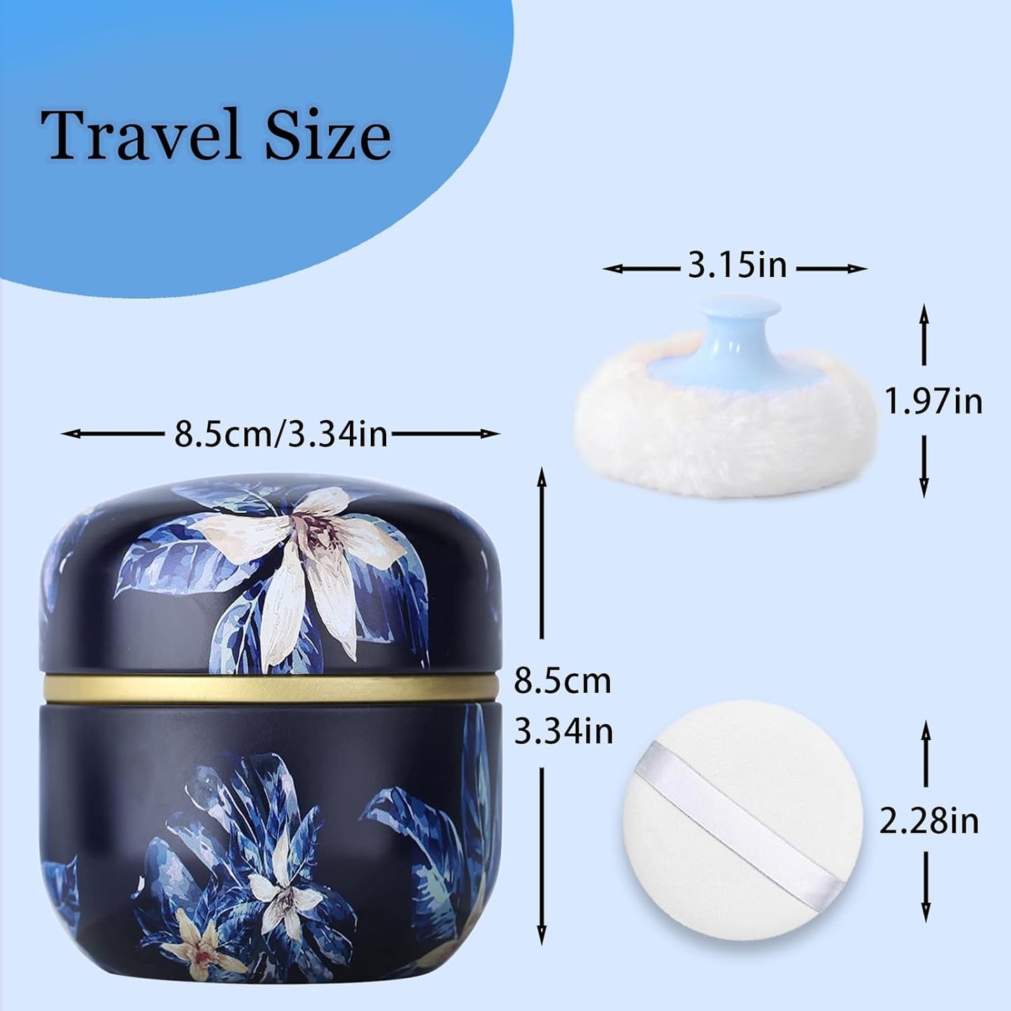 SHIMIDO Body Powder Puff and Container, 3.15" Portable Empty Body Powder Container for Baby Women's Loose Dusting Powder, Powder Case Box with Lids for Bath, Travel and Home Use (Dark Night)