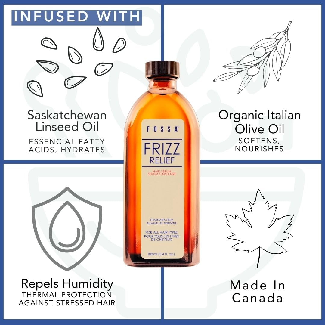 Fossa Beauty Frizz Relief | Lightweight Hair Oil for Frizzy Hair | Paraben & Sulfate Free | Provides Nourishment, Shine, Heat Protection & Increases Elasticity for All Hair Types | 100ml, 3.4 fl. oz.