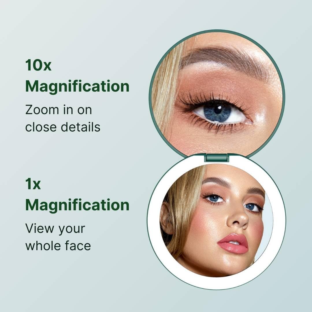 Fancii Taylor Rechargeable Travel Makeup Mirror with LED Lights, 10x /1x Magnifying, 3 Light Settings, Large 5” Wide | Compact Mirror for Purses (Emerald Envy)