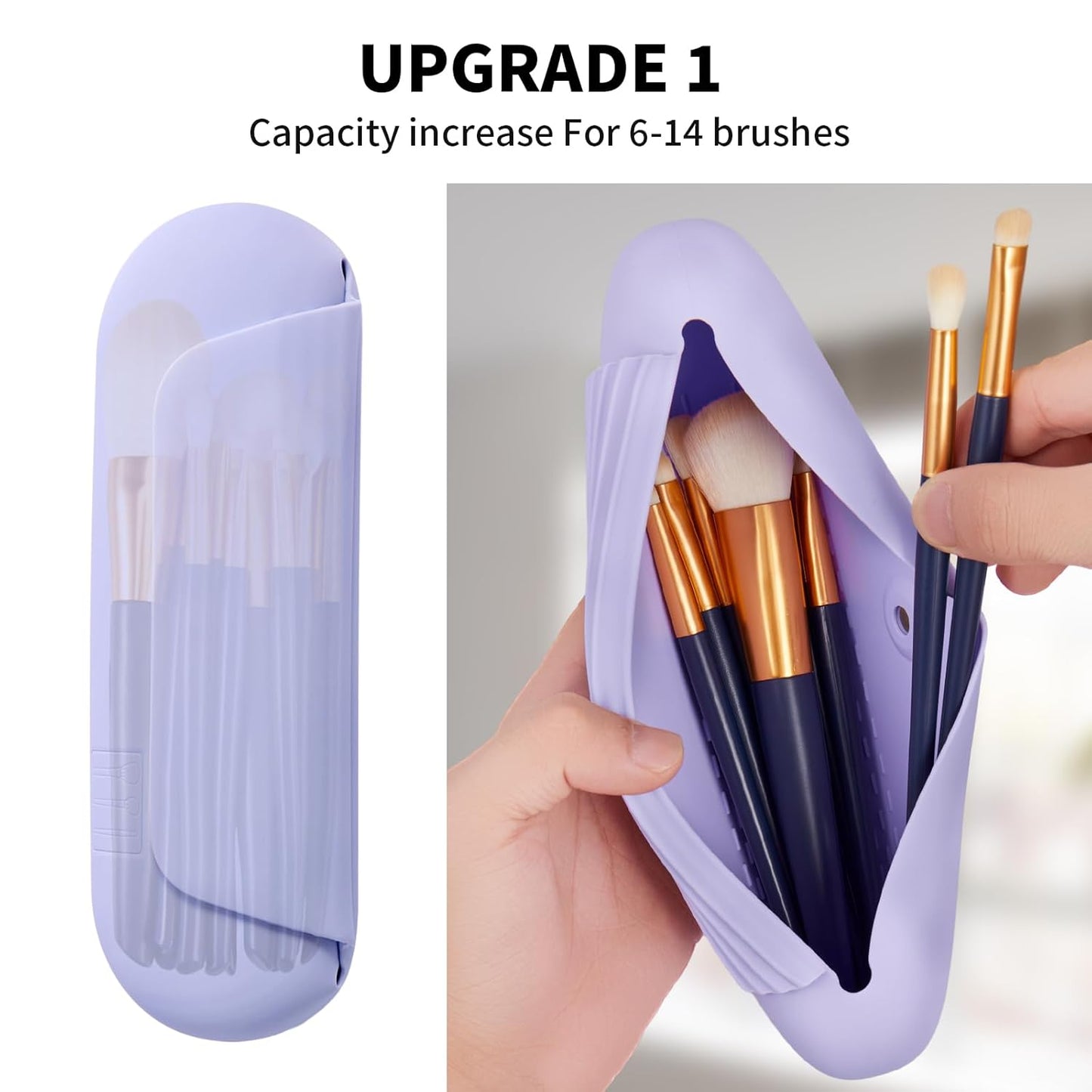Silicone Makeup Brush Holder Travel Cosmetic Bag：Soft Portable Cosmetic Face Brushes Holder with Upgrade Anti-Fall Out Magnetic Closure, Large Travel Makeup Brush Case - Lavender