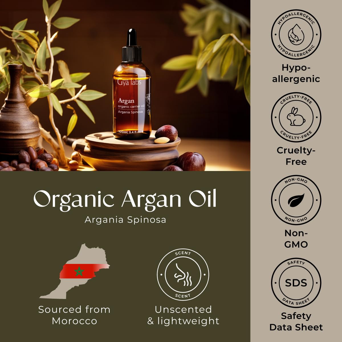 Gya Labs Organic Argan Oil for Hair - 100% Pure Natural Cold-Pressed Moroccan Argan Carrier Oil for Skin, Face, Nail, Lotions, Soaps & Conditioners (3.4 Fl Oz) - Soothing & Moisturizing