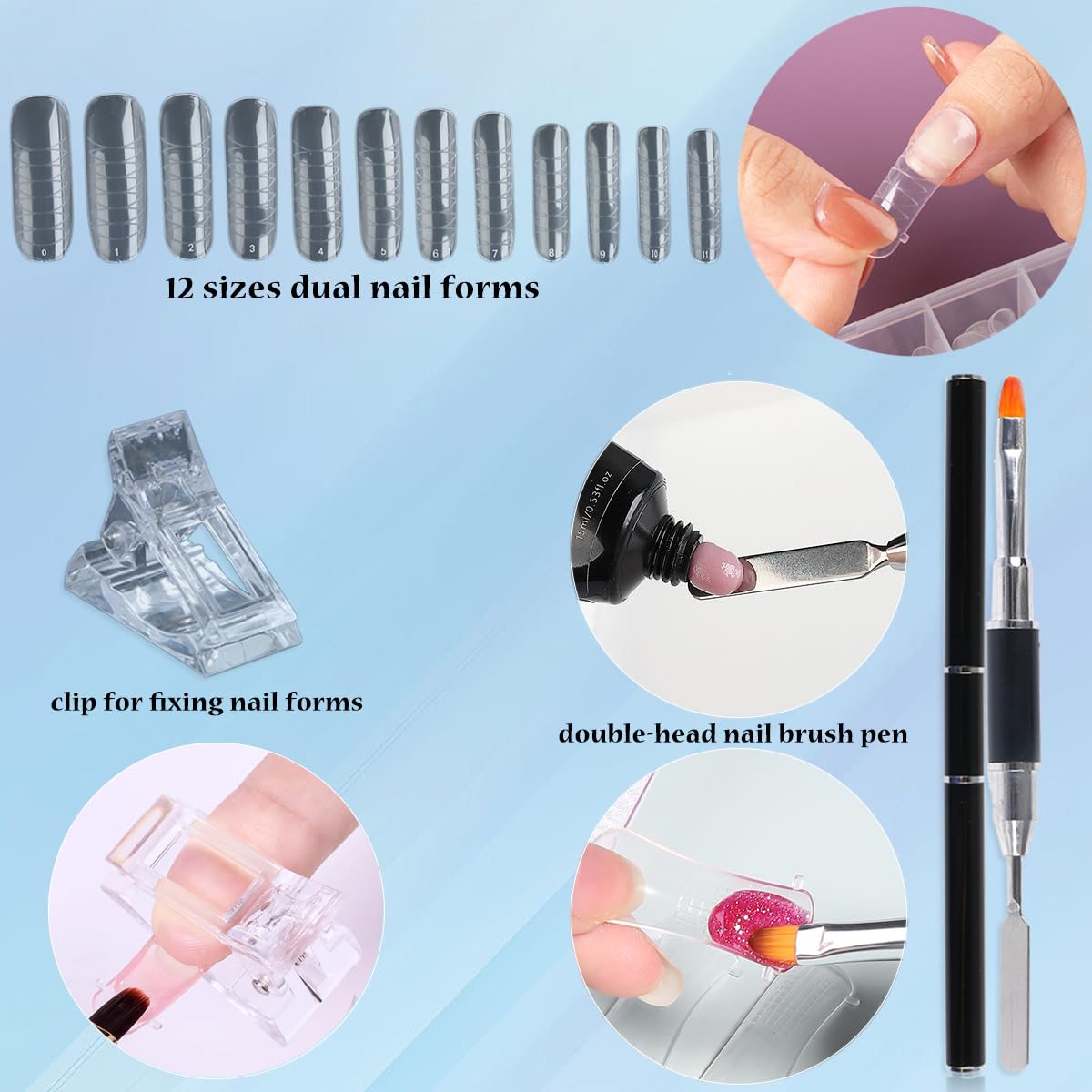 Poly Gel Nail Kit - Wine Red, Brown & Iridescent Builder Gel With Chunky Glitter - Slip Solution, Dual Nail Forms & Clips - Home Manicure Starter Kit