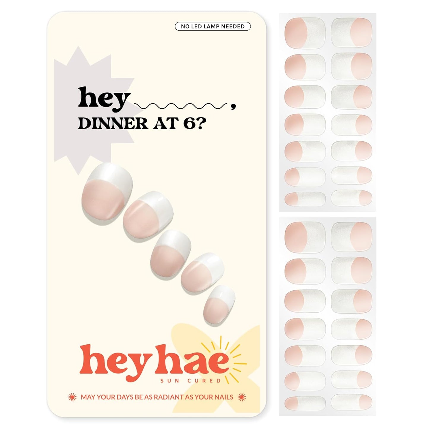 Semi Cured Gel Nail Strips | No LED Lamp Needed | French, Pink, Spring | Easy Apply & Remove, Salon Quality | Includes 28 Strips, 1 Prep Pads, Nail File & Wooden Stick - Hey, Dinner at 6?