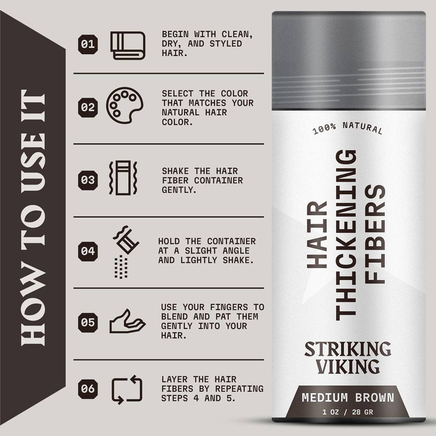 Striking Viking Hair Fibers for Thinning Hair - 28 g, Medium Brown - Bald Spot Cover Up & Sweat-Proof Thickening Powder