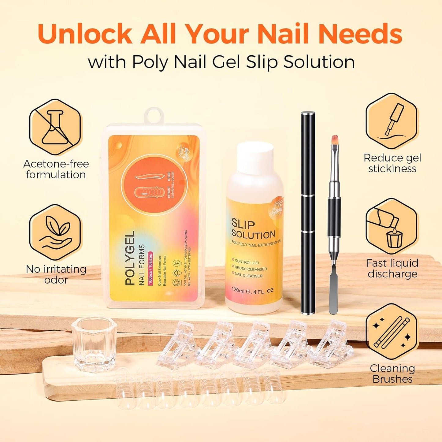 100Pcs Nail Forms Kit, 10 Sizes Reusable Dual nail Forms for Poly Gel & Builder Gel, 120ml Slip Solution Liquid, 6 Clips, Dual-Ended Brush, Nail Art Cup, DIY Pedicure Kit for Beginners