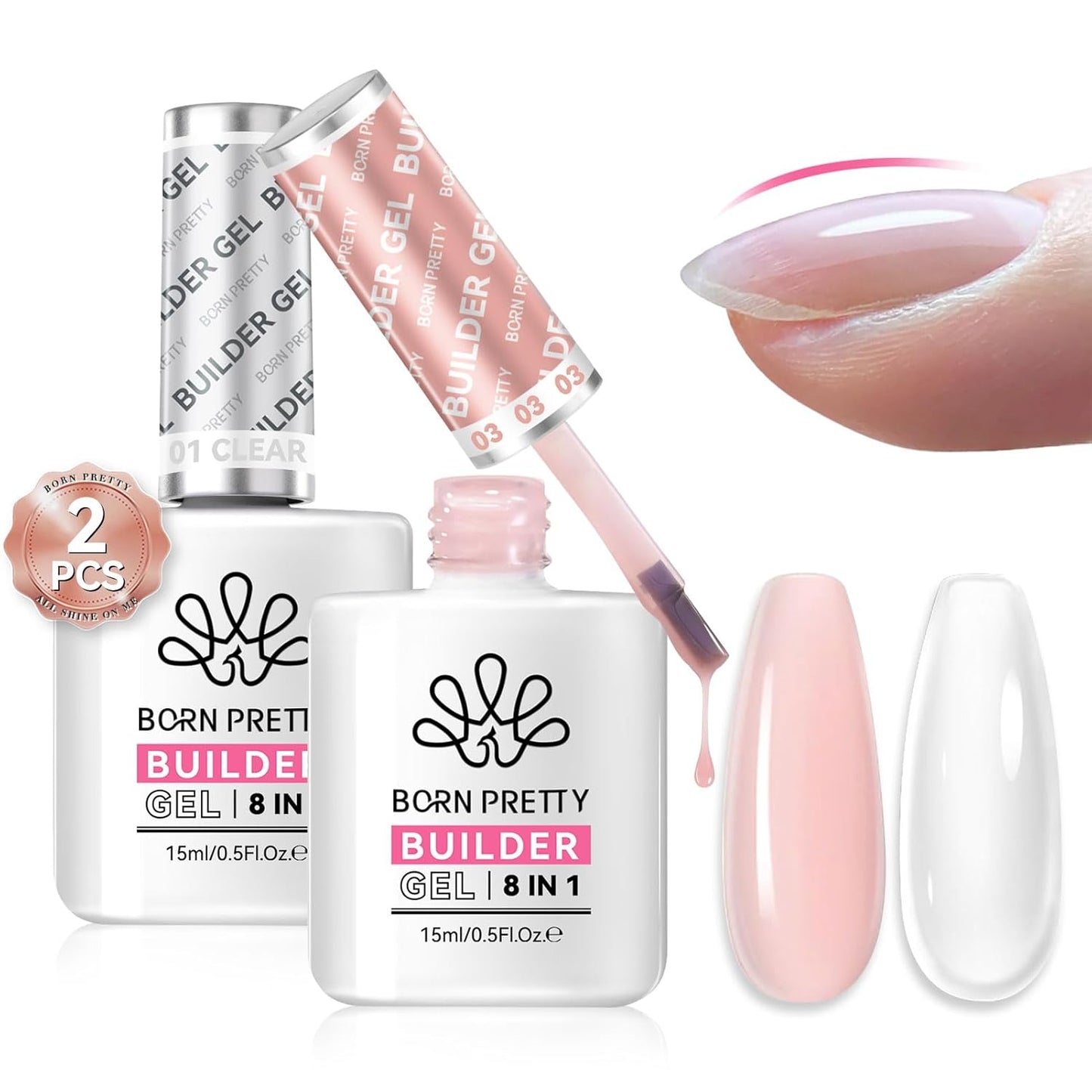 Born Pretty Builder Gel for Nails 8-in-1，15ML Clear and Cover Pink Builder Nail Gel Set, Transparent Extension Gel Rhinestone Glue for Nail Art Base Gel, LED Nail Lamp Cured Hard Gel Builder