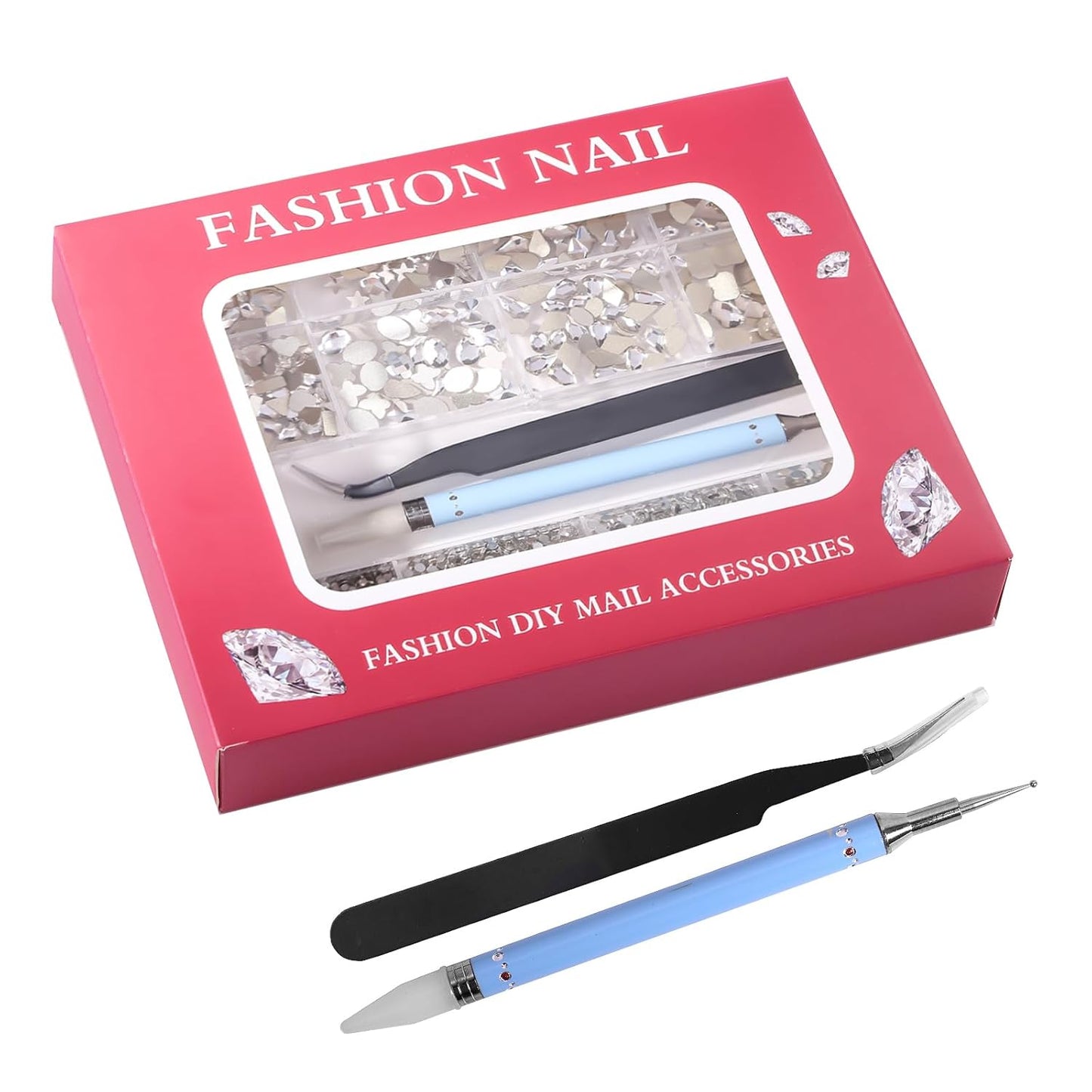 3320Pcs White Nail Art Rhinestones Crystal,HOINCO 3D Rhinestones Gems Jewels Diamond,24 Types of 320 Diamonds + 3000 Round Beads, Crystals 3D Flat Back Gemstones for Nail DIY Crafts with Tweezers Pen