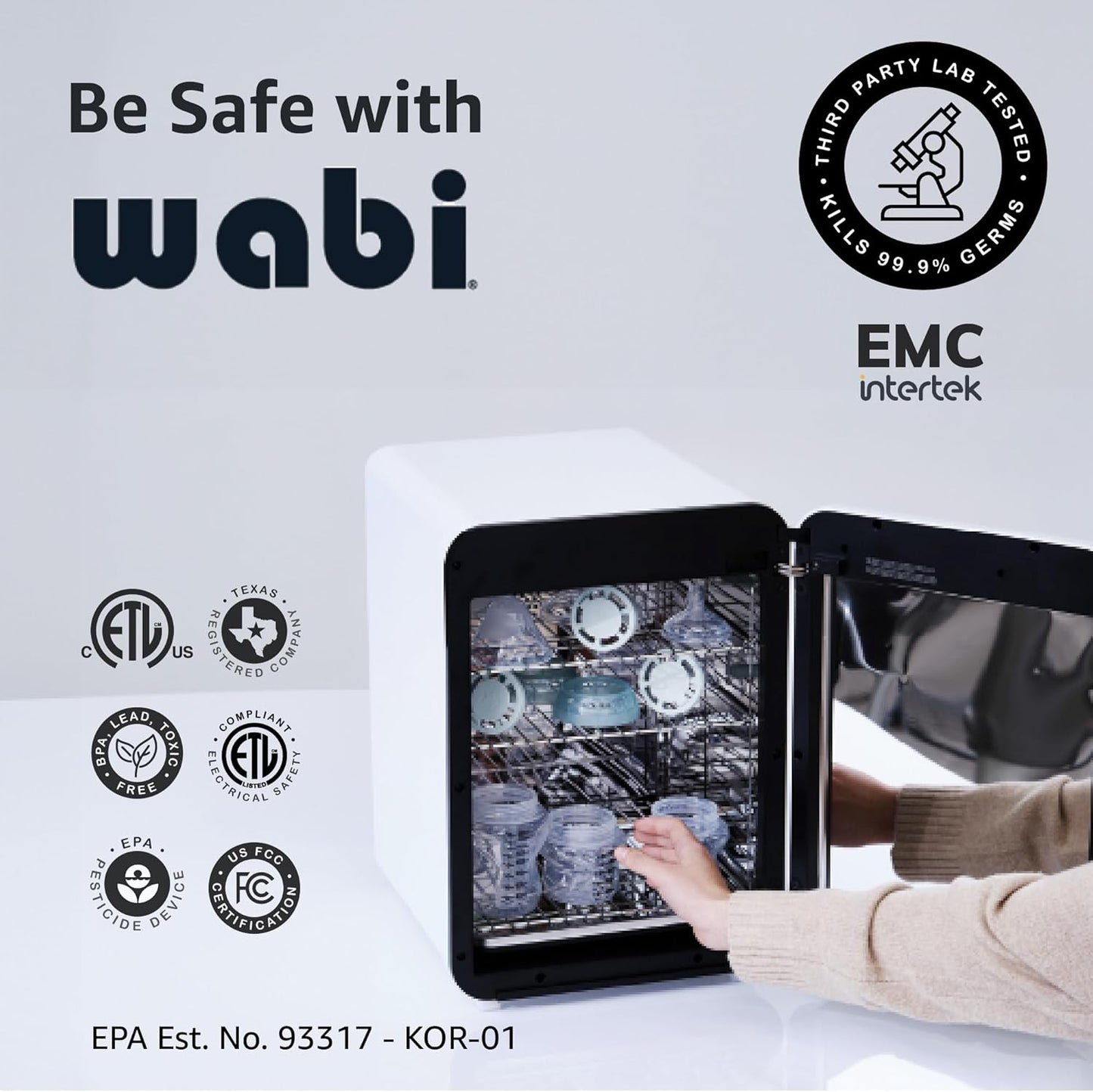 WABI UVC LEDs 3-in-1 Sanitizer & Dryer 360° Box | Disinfect, Dry, & Store Everyday Items, Baby Feeding Gear, and Electronics | Touch Control, LED (No Mercury) | Smart Storage Mode