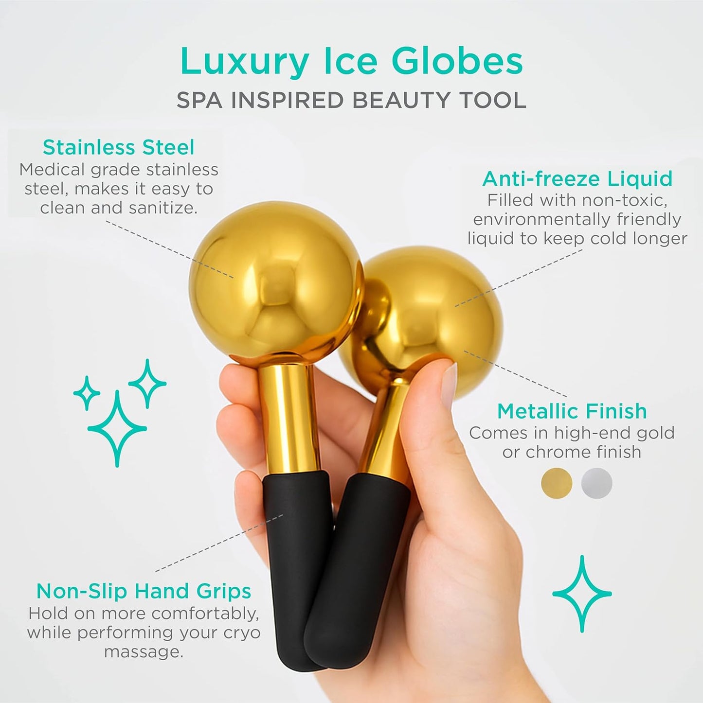 Stainless Steel Ice Globes for Facials (Gold Black Handle), Durable Cryo Globes Instantly Reduce Puffiness, Tighten Pores & Sinus Relief, Face Globes Facial Massages & Daily Beauty Routine