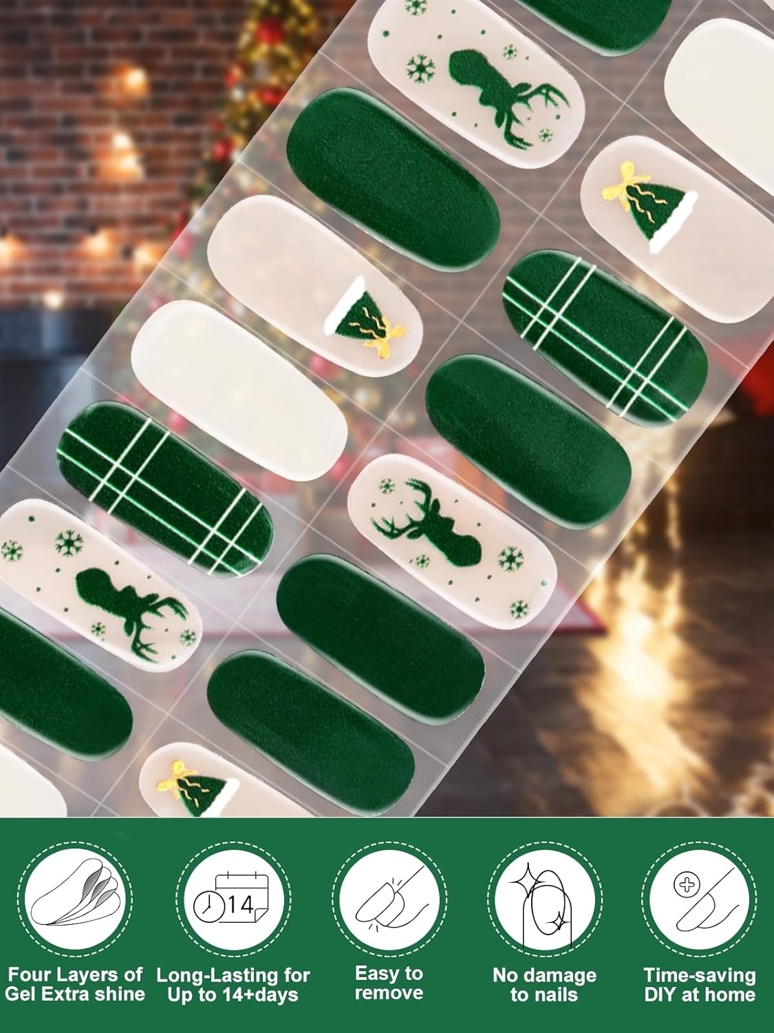 EBANKU 24PCS Christmas Semi-Cured Gel Nail Strips, Deer Horn Self-Adhesive Gel Nail Art Sticker, Waterproof Gel Nail Wrap Stickers with Nail File and Stick