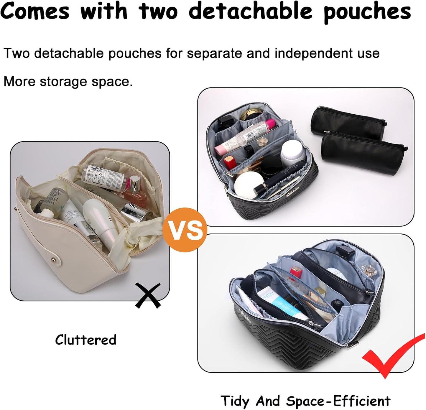 Travel Makeup Bags Cosmetic Organizer Bag: Quilted Make up Bag Set of 3 - PU Leather Toiletry Bags for Women - Portable Makeup Organizer with Compartments & Handle & Divider (14 Black New)