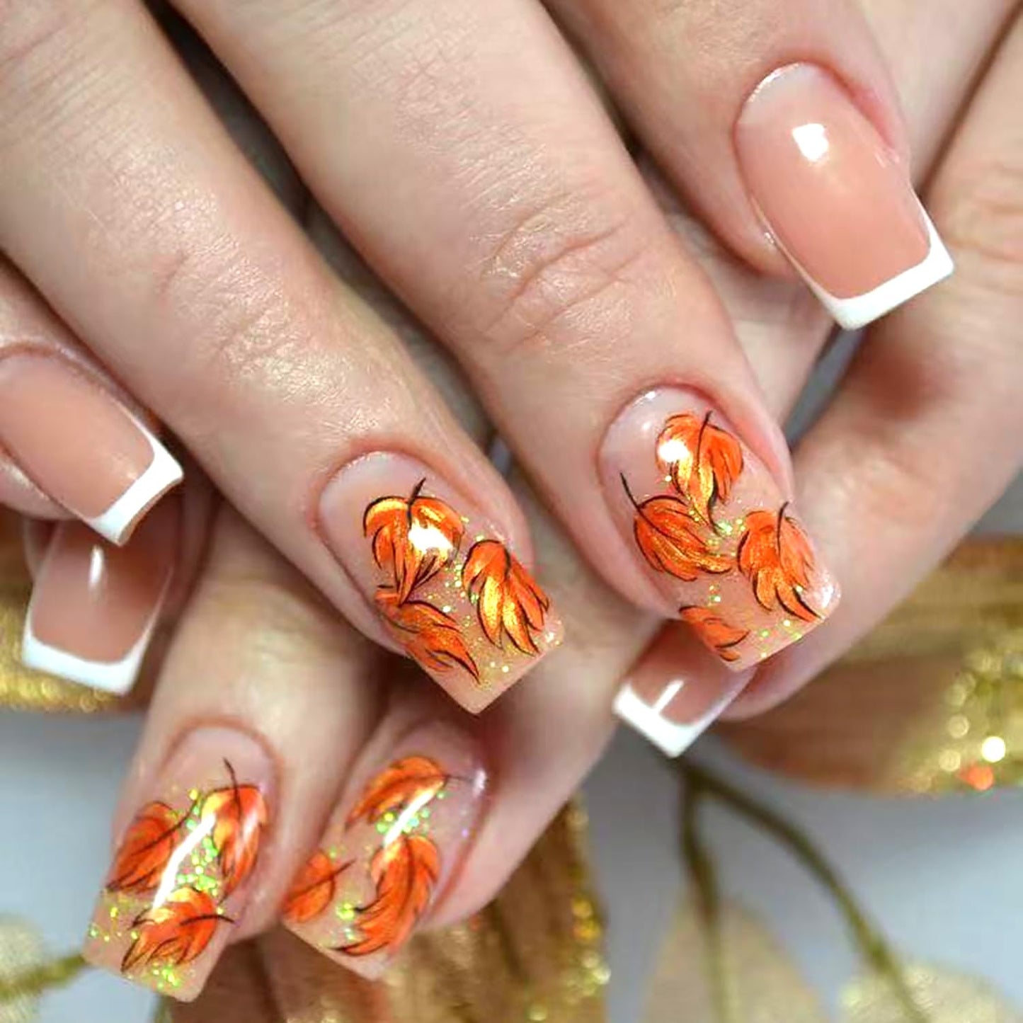 White French Tip Fall Press on Nails Medium Square Maple Leaf Fake Nails Glossy Thanksgiving Acrylic Glue on Nail Autumn Maple Leaves Artificial Stick on Nail for Women DIY Manicure