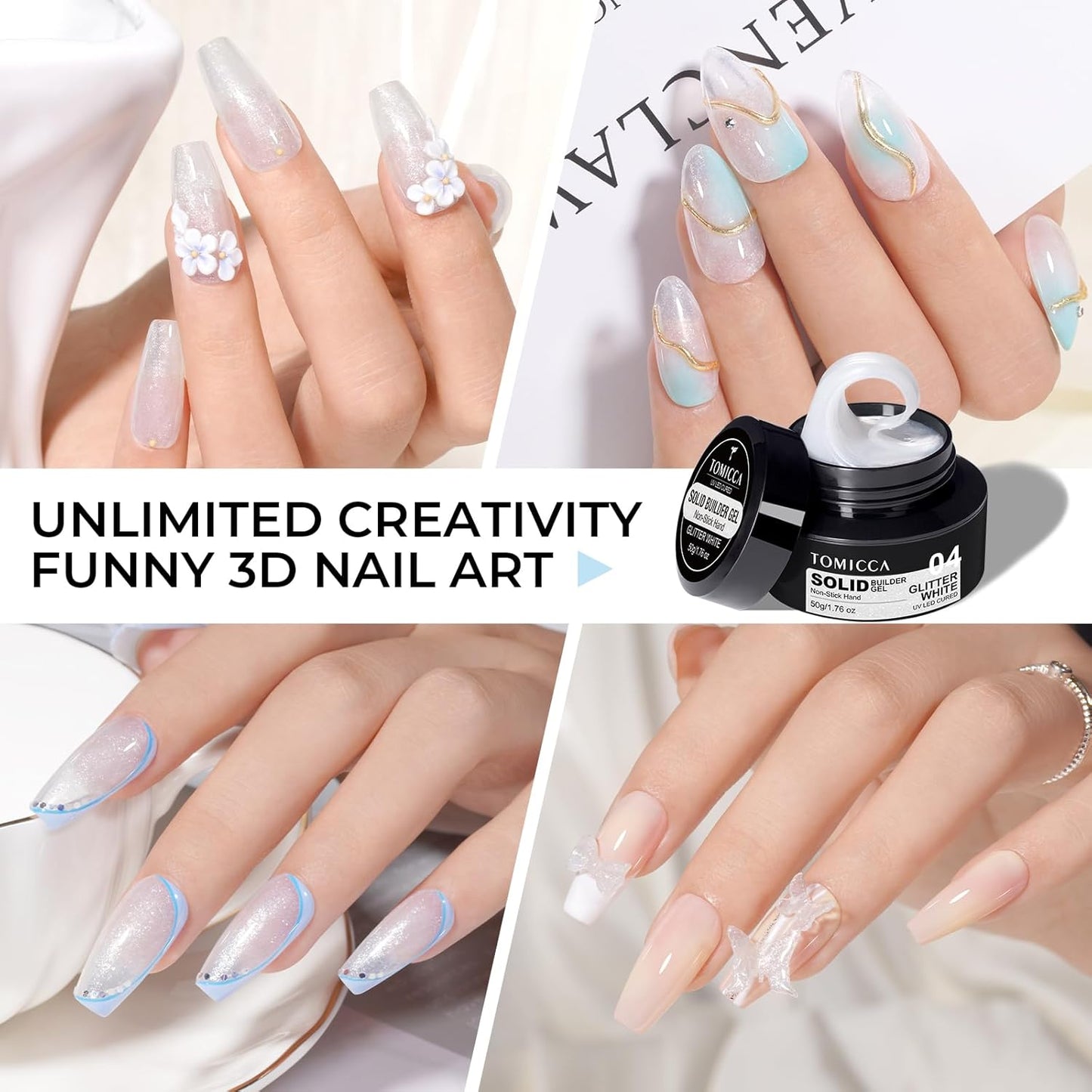 TOMICCA 3D Gel Nail Art, White Sparkles Sculpting Gel for Nail Art 1.76 OZ 3D Nail Hard Gel Nail Gel Nail Extension Gel for Nails Manicure DIY at Home Glitter