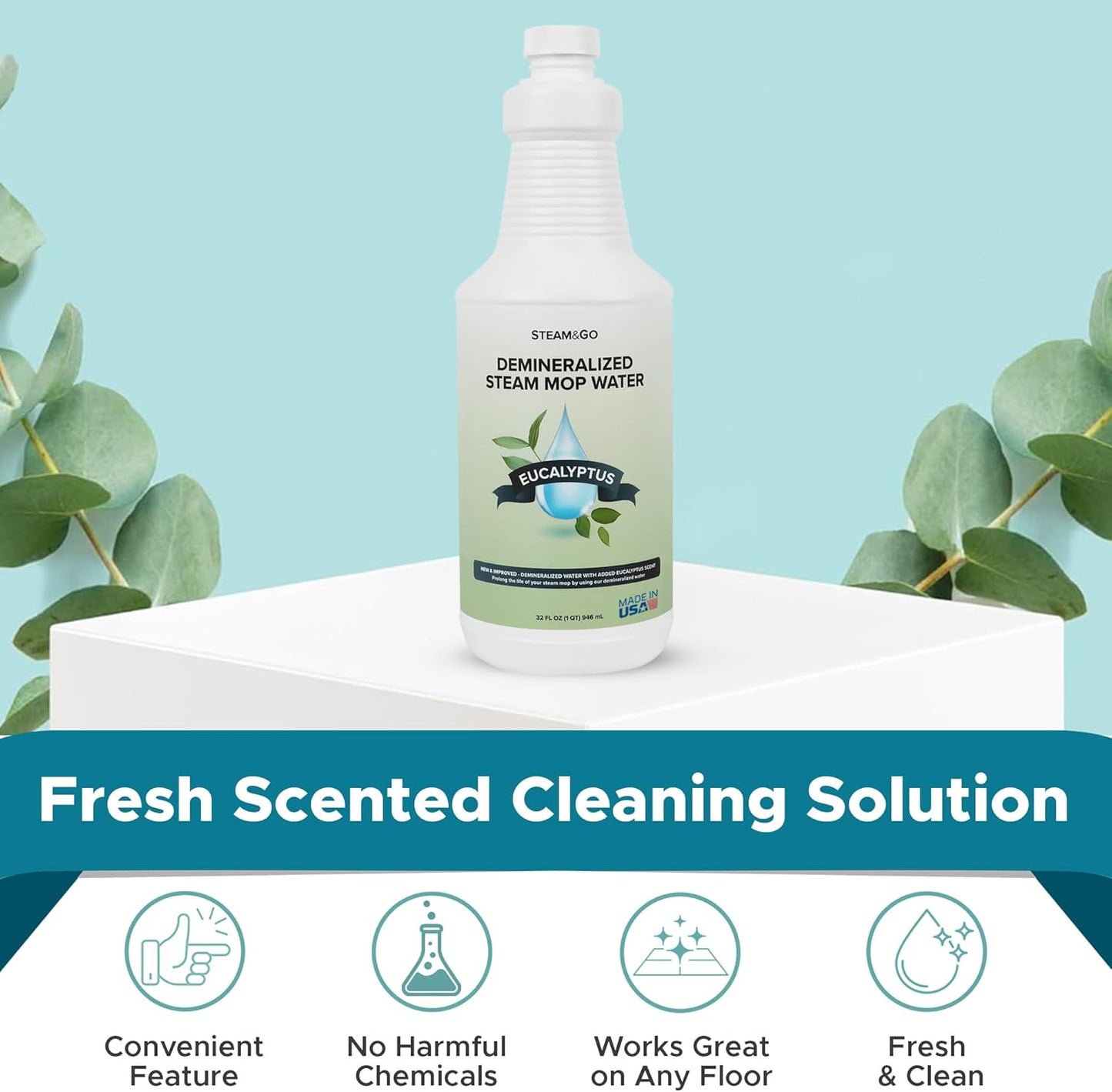 Steam & Go Demineralized Water for Steam Cleaner, PVC-Free Floor Cleaner Liquid Compatible With Any Steam Mop, Ready-to-Use Multisurface Cleaner, Scented, Eucalyptus Mint, 32 oz, Pack of 18