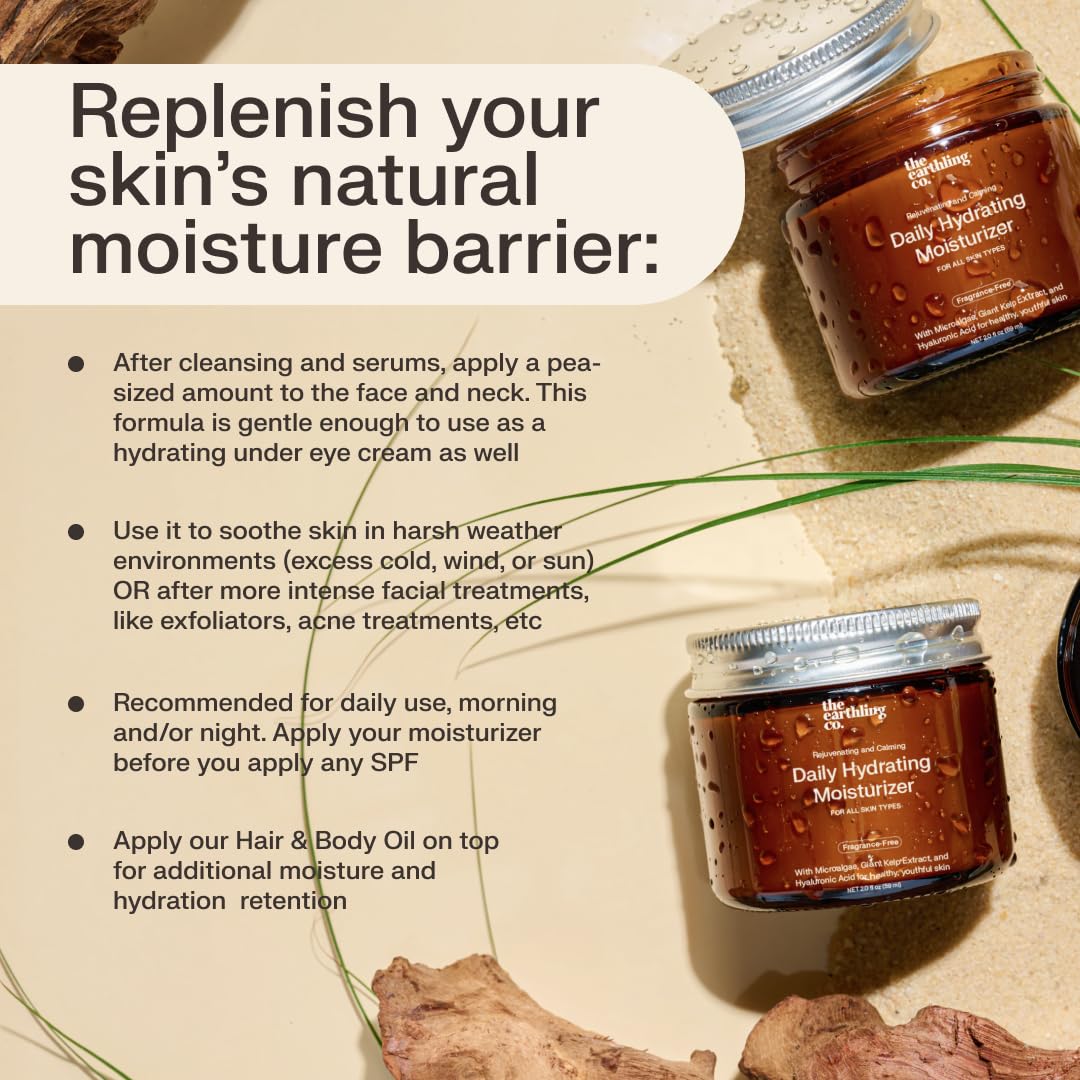 The Earthling Co. Daily Hydrating Moisturizer - Natural, Moisturizing Face Cream for AM & PM - Non-comedogenic and Fragrance-free with Hyaluronic Acid for Sensitive, Dry, and Oily Skin (2.0 fl oz)