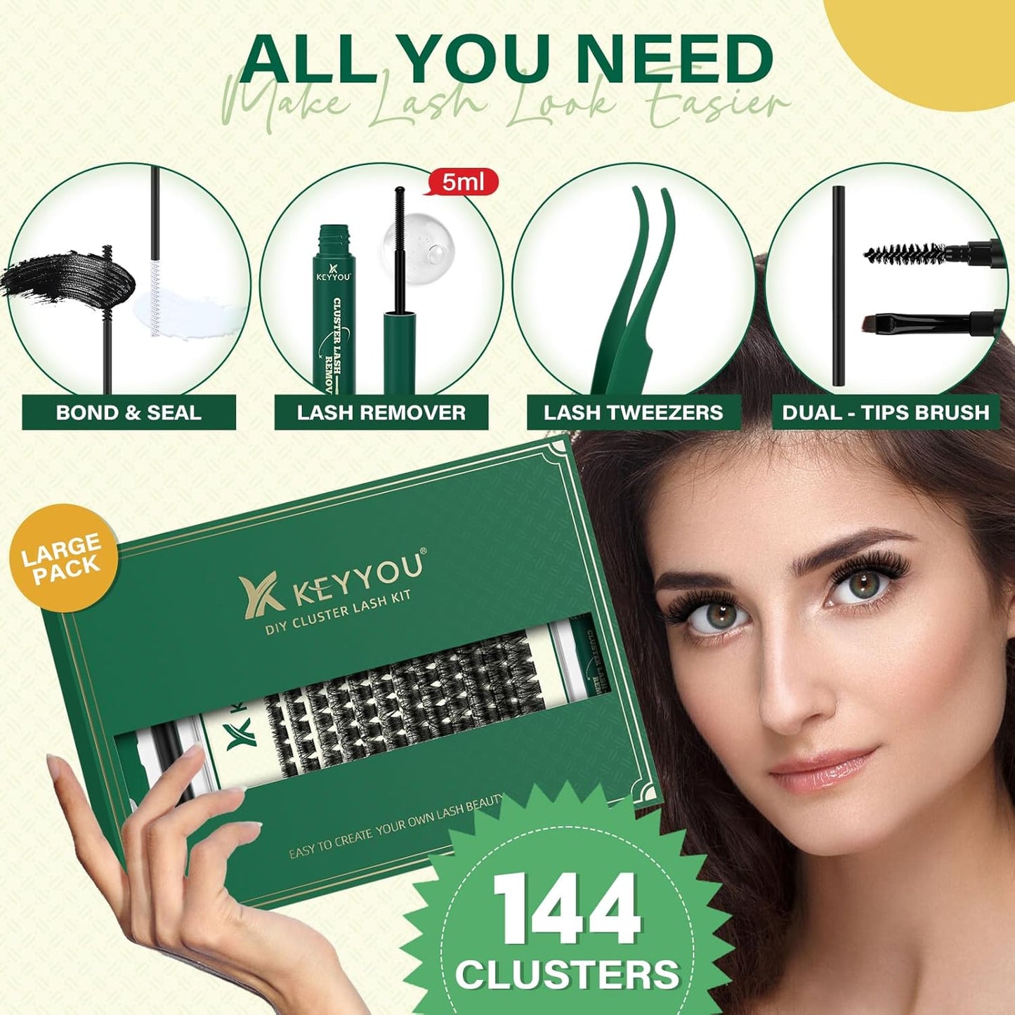 DIY Lash Extension Kit KEYYOU 144pcs Lash Clusters Eyelash Extension Kit with Mascara Brush Bond and Seal Lash Glue Remover Lash Applicators Lash Brush for DIY Lash Extensions (Y03 Kit)