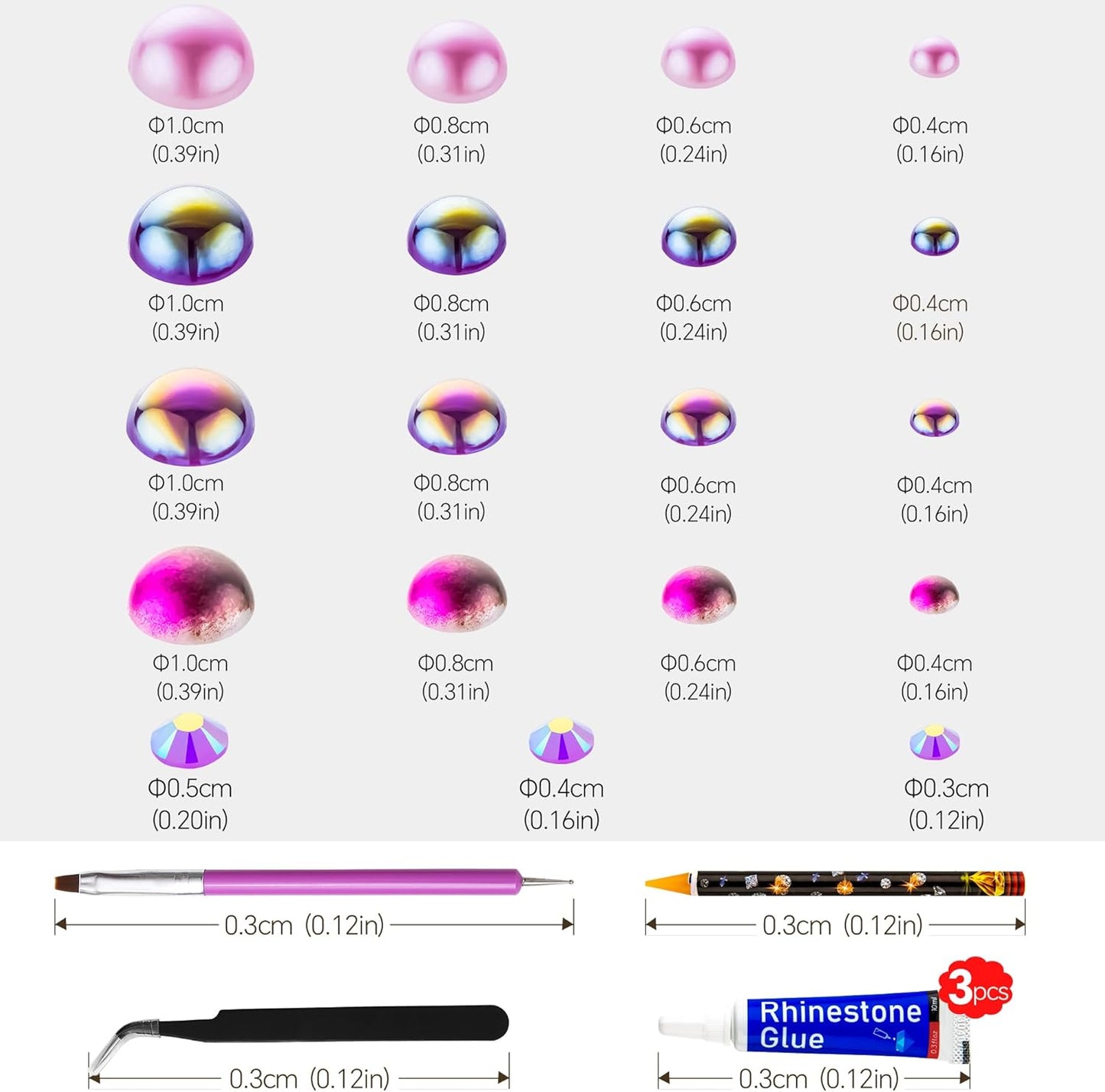 60g Purple Flat Back Pearls Rhinestones for Crafts Mixed Size 3mm-10mm AB Color Round Half Pearls Flatback Pearl Beads and Resin Rhinestones Set for Face Art with Gel