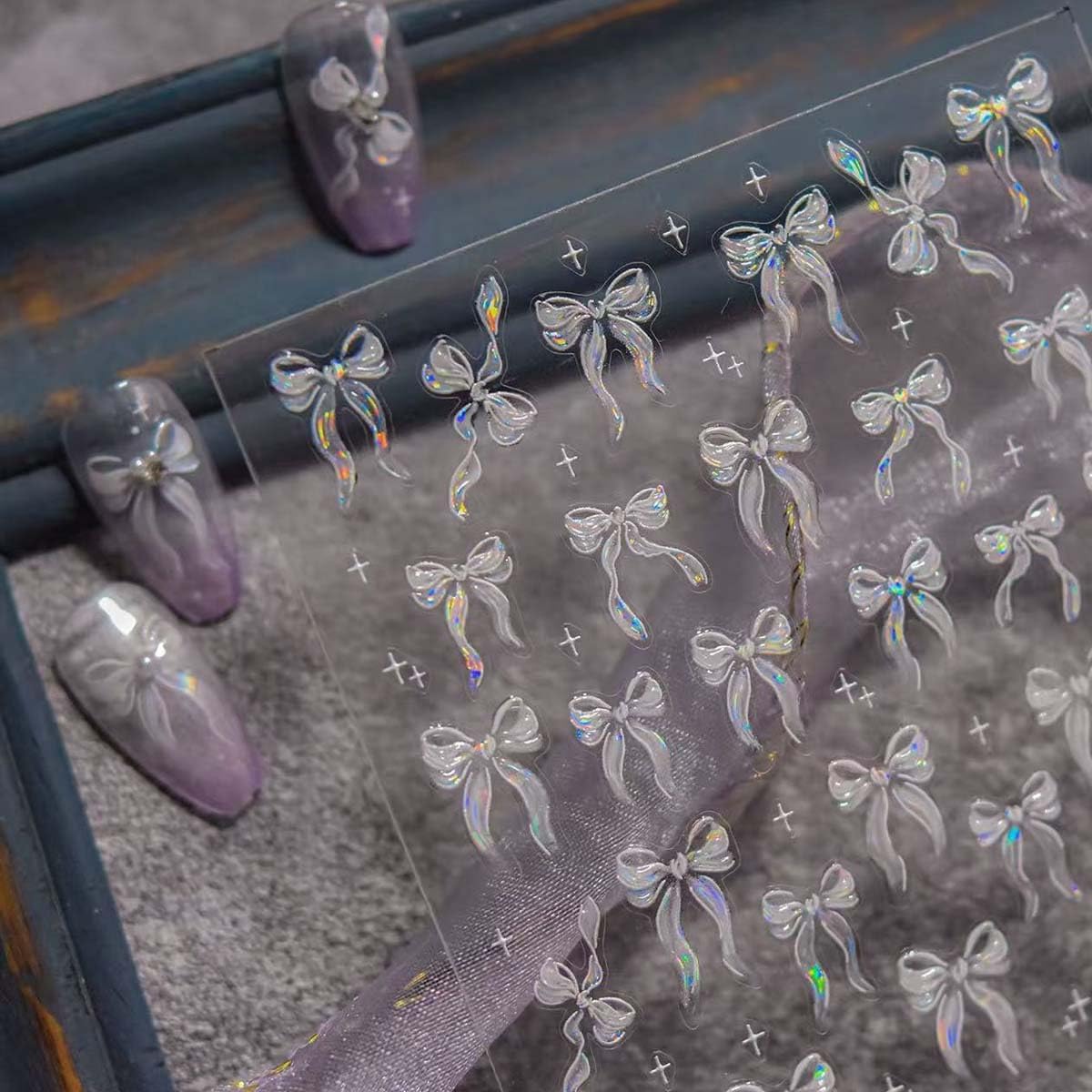 1Sheet Aurora Bow Nail Art Stickers Jelly Bow Nail Decals 5D Embossed White Ribbon Bow Nail Stickers Self-Adhesive Stars Nail Supplies for Women DIY Manicure Decoration