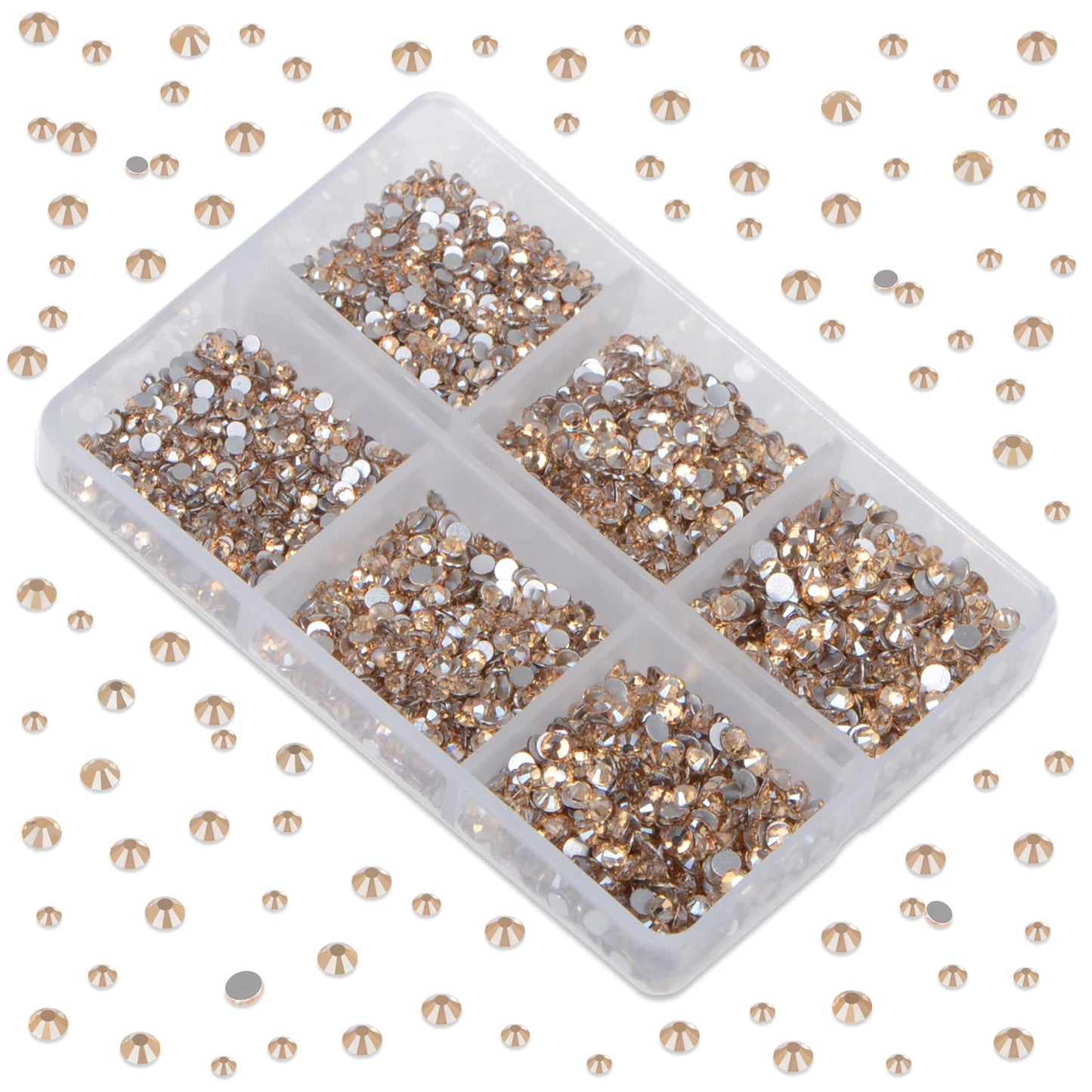 LPBeads 6000 Pieces Champagne Non Hotfix Rhinestones 6 Sizes Round Crystal Glass Flat Back Rhinestones with Tweezers and Picking Pen for Nail Art Crafts Clothes Bags DIY