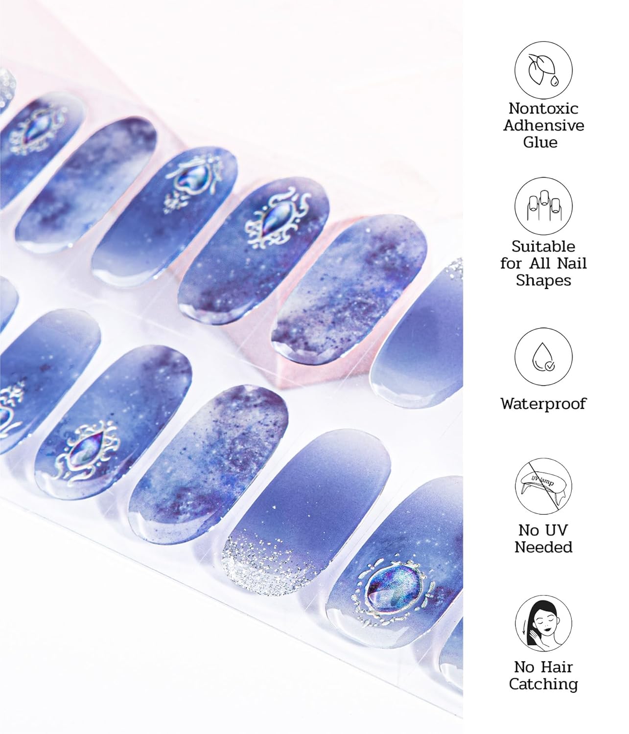 Nail Polish Strips - 22 Pcs Salon Quality Gel Nail Stickers - Long Lasting Wraps (Mystery of The Deep Blue)