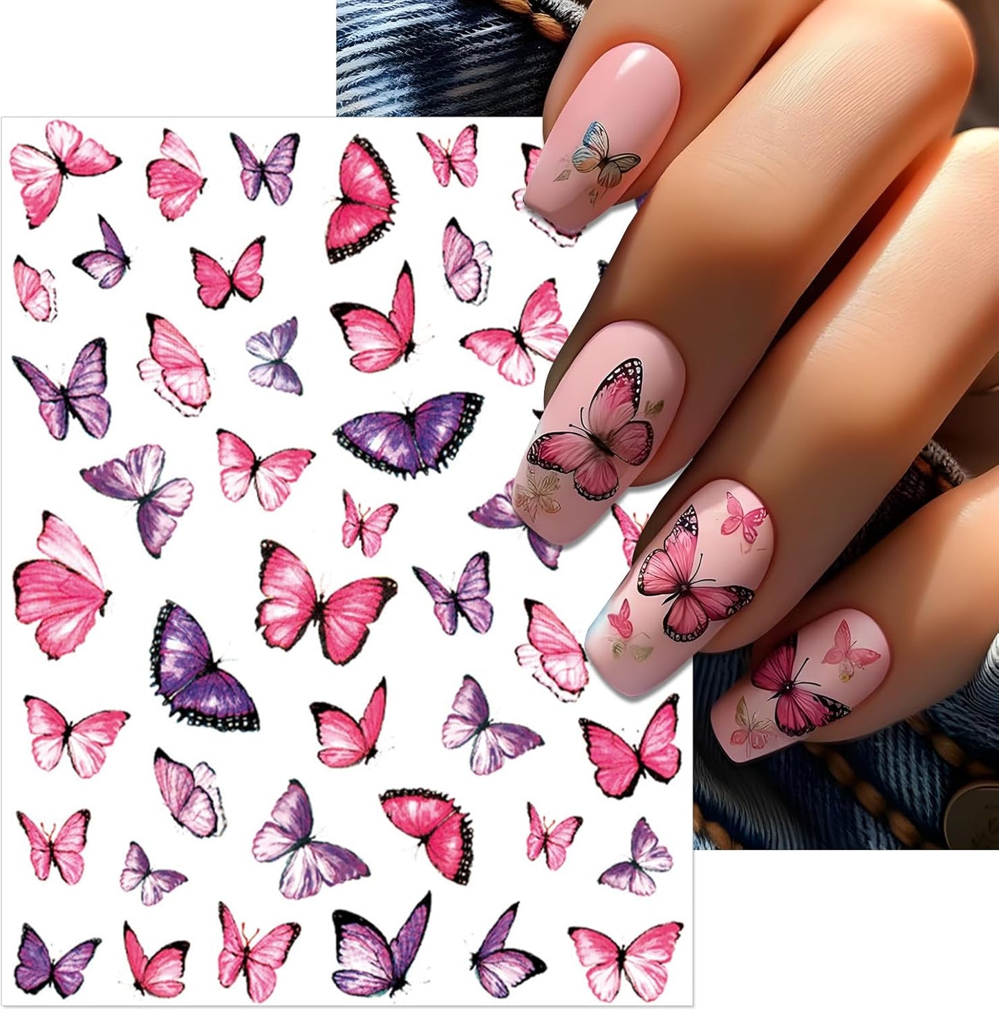 8 Sheets Butterflies Nail Art Stickers - Colorful Butterflies Wing Self-Adhesive Nail Decals for DIY Spring Summer Manicure