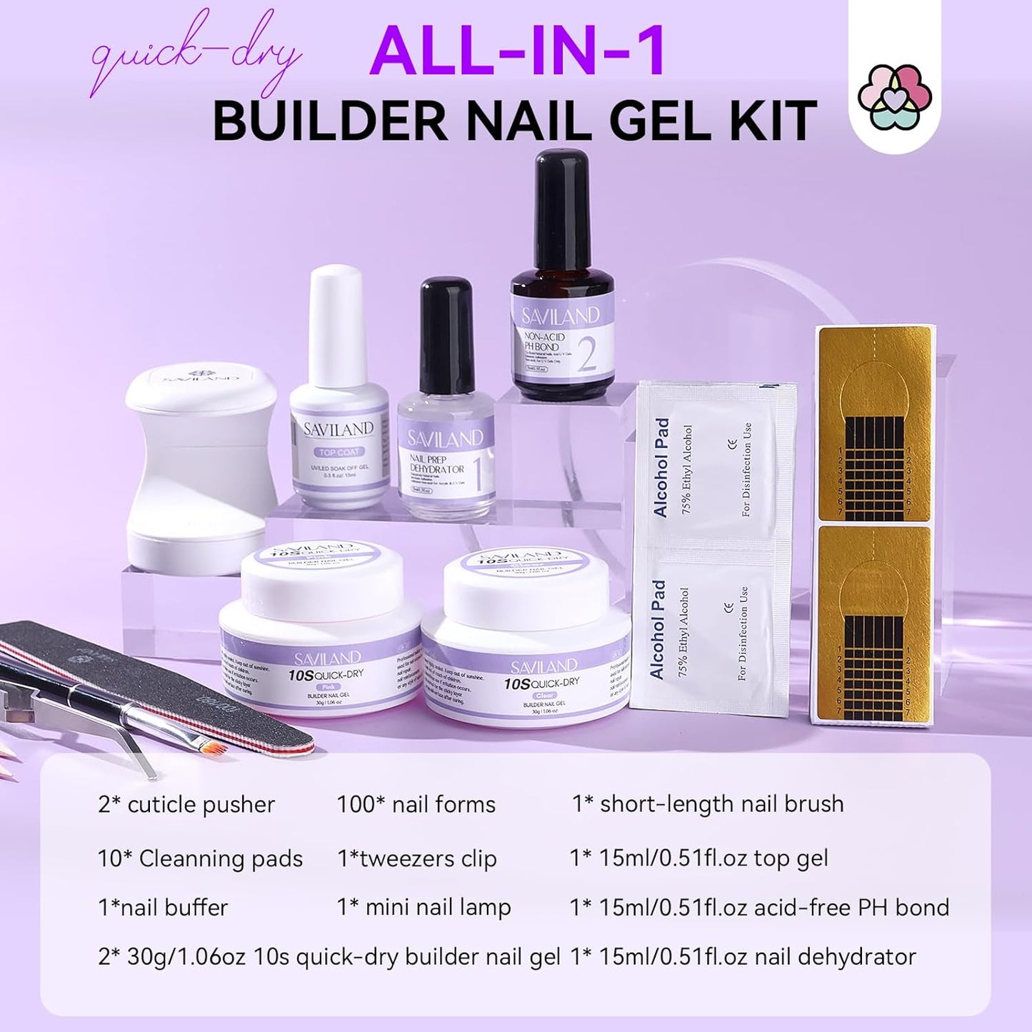 SAVILAND Quick-dry Builder Nail Gel Kit - Clear Pink Builder Hard Gel with Mini UV Light, Top Gels, Dehydrator, Non-acid PH Bond Primer and Nail Extension Application Tools for beginners
