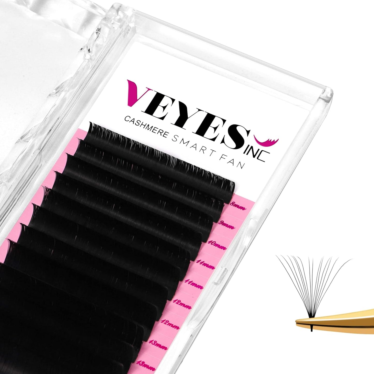 VEYES INC Cashmere Smart Fan Lash Extensions 0.03 0.05 0.07 C/CC/D Curl 8-20mm Mixed & Single Length, Super Matte Black Volume Lashes, Professional Supplies for Lash Techs (0.05 C 14mm)