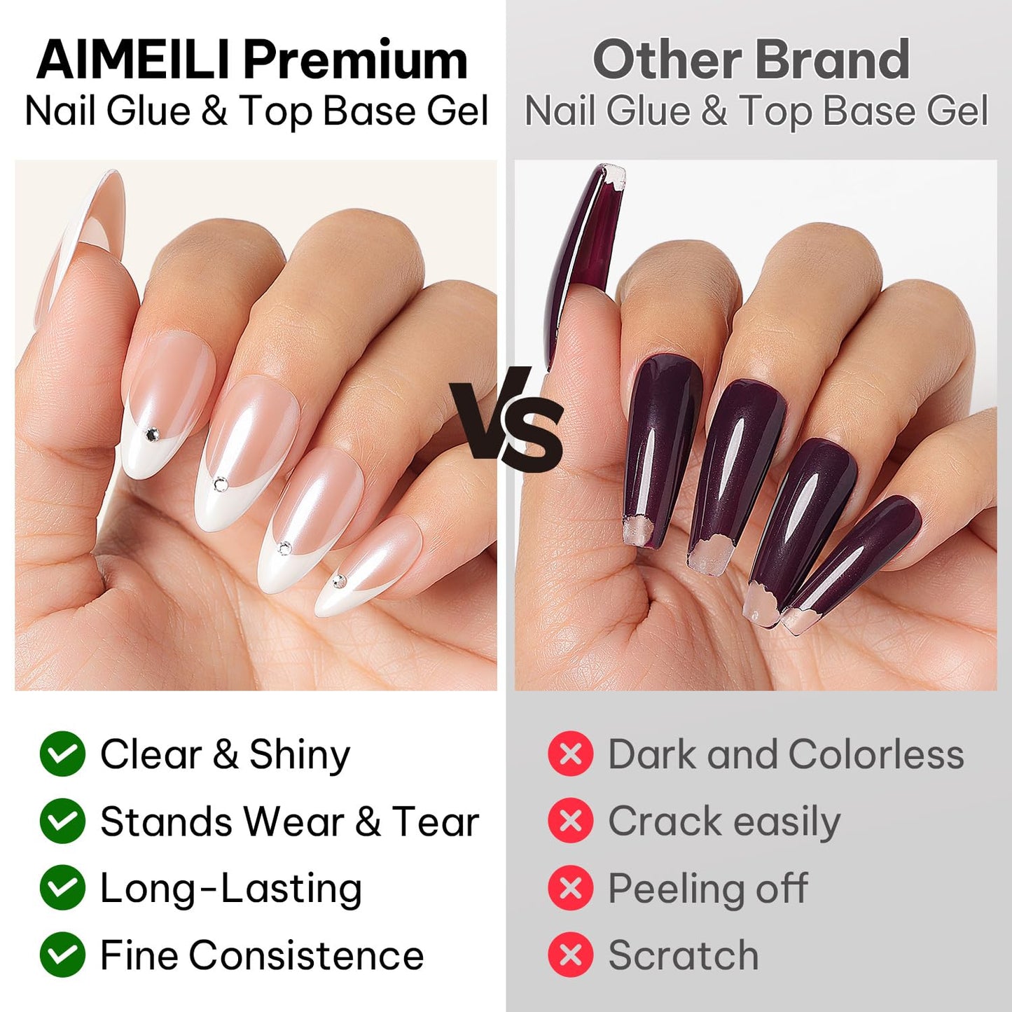 AIMEILI Base Coat Top Coat Nail Glue Gel Kit 3pcs, Hema Free, Cruelty Free, Vegan, Clear High Gloss Gel Nail Polish Long Lasting Nail Art