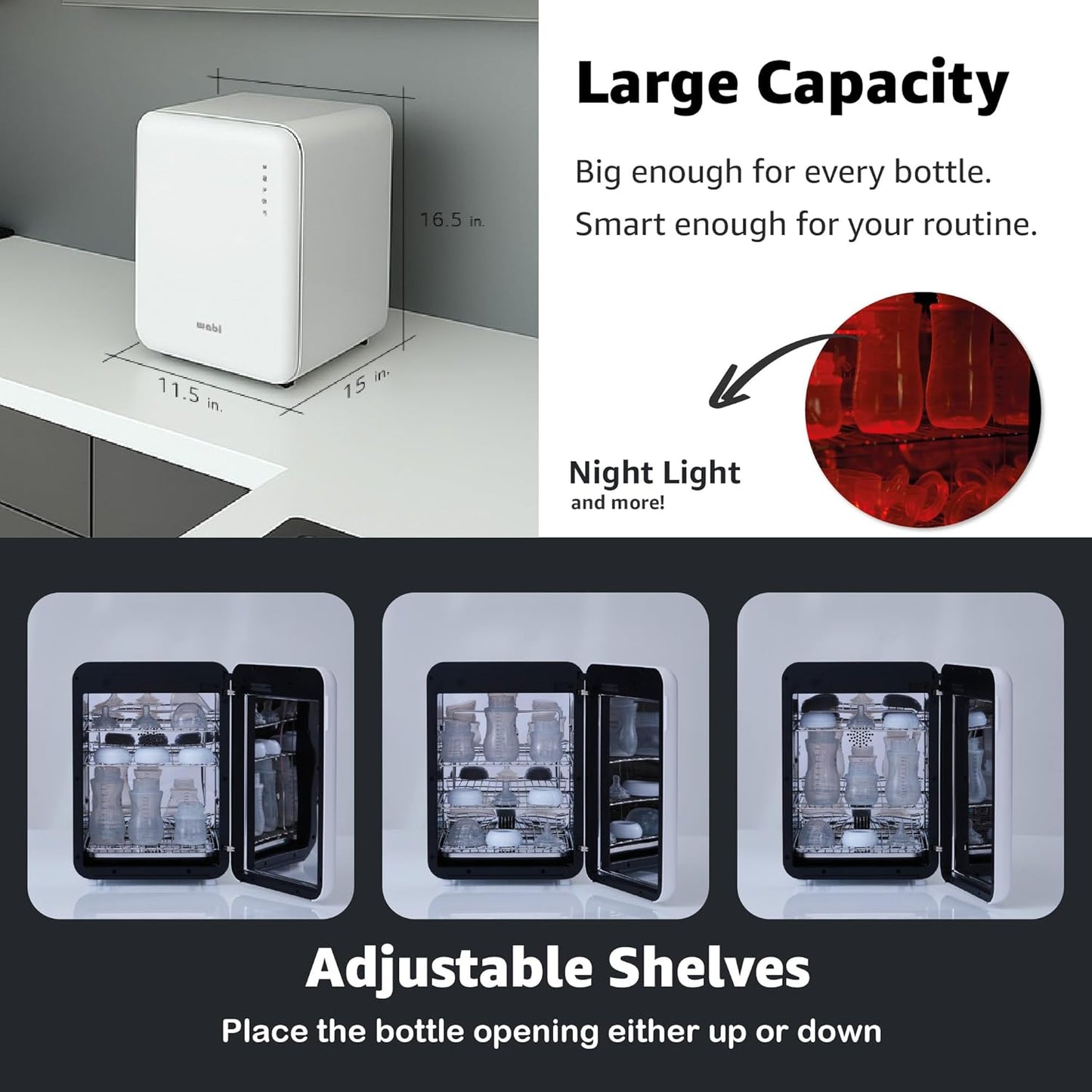 WABI UVC LEDs 3-in-1 Sanitizer & Dryer 360° Box | Disinfect, Dry, & Store Everyday Items, Baby Feeding Gear, and Electronics | Touch Control, LED (No Mercury) | Smart Storage Mode