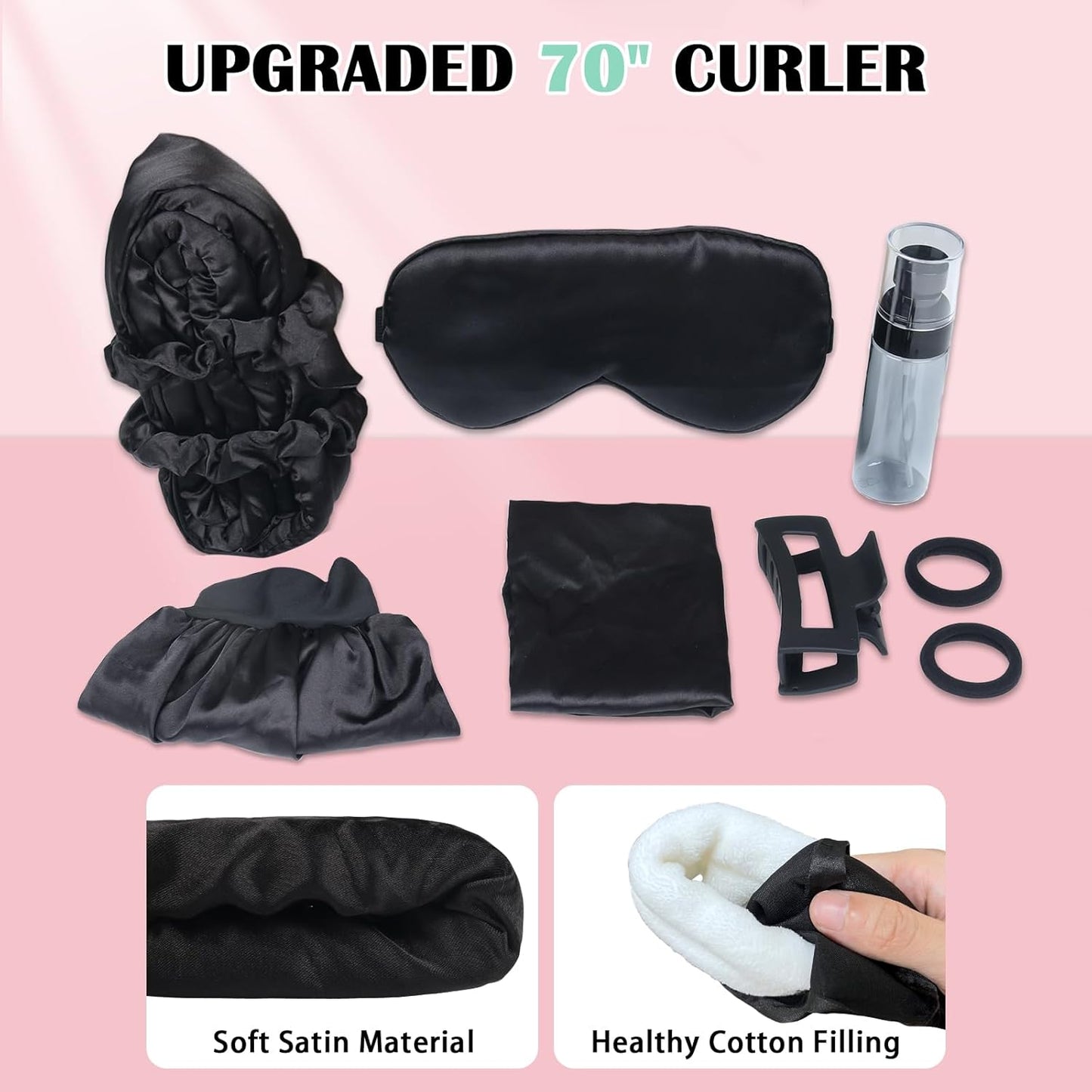 Satin Heatless Curls Overnight Hair Curlers to Sleep In Hair Curler Rollers No Heat Hair Wrap for Curls Headband, 70" Satin Heatless Curling Rod Set for Women Long Waves Hair Volume-Black 10PCS