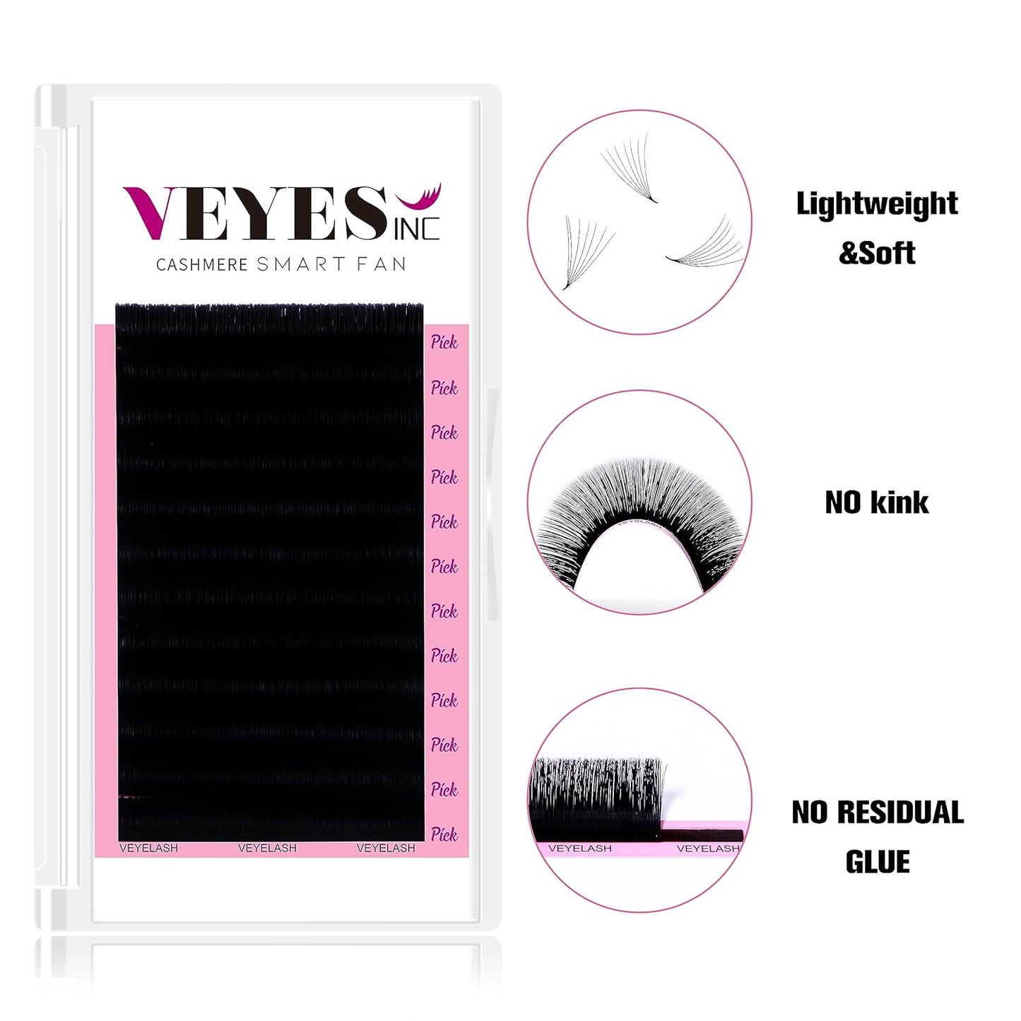 VEYES INC Cashmere Smart Fan Lash Extensions 0.03 0.05 0.07 C/CC/D Curl 8-20mm Mixed & Single Length, Super Matte Black Volume Lashes, Professional Supplies for Lash Techs (0.03 C 18mm)