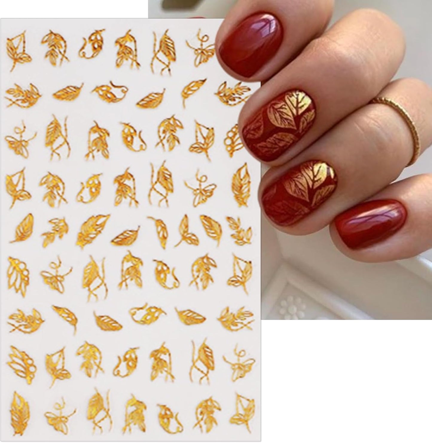 Gold Leaves Nail Art Stickers - Minimalism Geometry Line Self-Adhesive 3D Nail Decals for DIY Golden Manicure(10 Sheets)