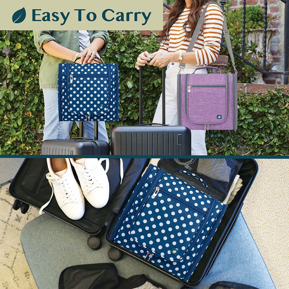 PAVILIA Extra Large Toiletry Bag Travel Bag for Women Men, Hanging Cosmetic Organizer, Water Resistant Makeup Bag for Accessories Toiletries, Travel Essentials Kit (Navy Polka Dot)