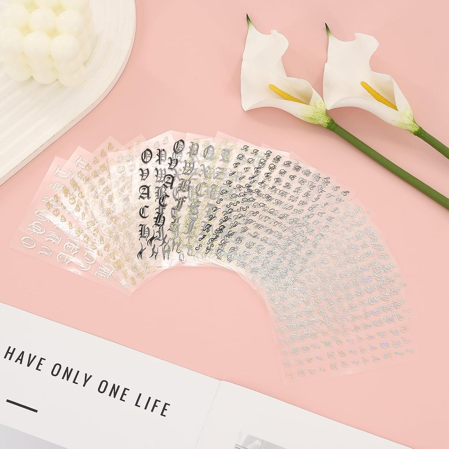 18 PCS Retro English Letters Nail Stickers, 3D Self-Adhesive Black White Gold Silver Design Nail Decals, Nails Stickers for Women DIY Nails Art Manicure Decoration